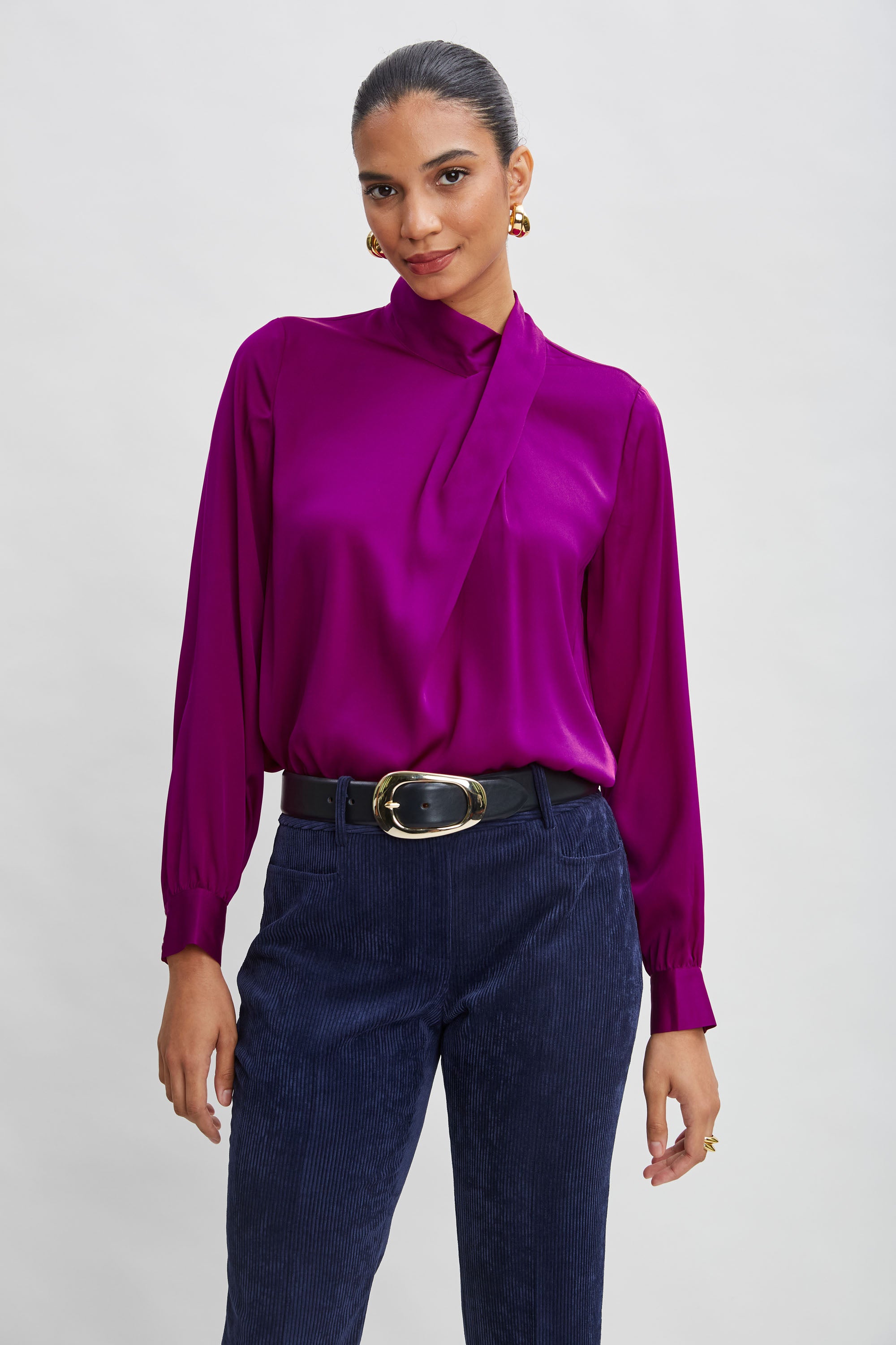 Elegant Silk Draped Neck Shirt for Women - Soft & Luxurious Blouse for Office, Party & Special Occasions