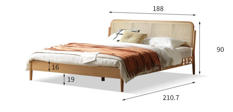 Solid Oak Wood Rattan Bed Frame - Queen Size, Natural Finish - Perfect for Bedroom, Guest Room & Farmhouse Decor