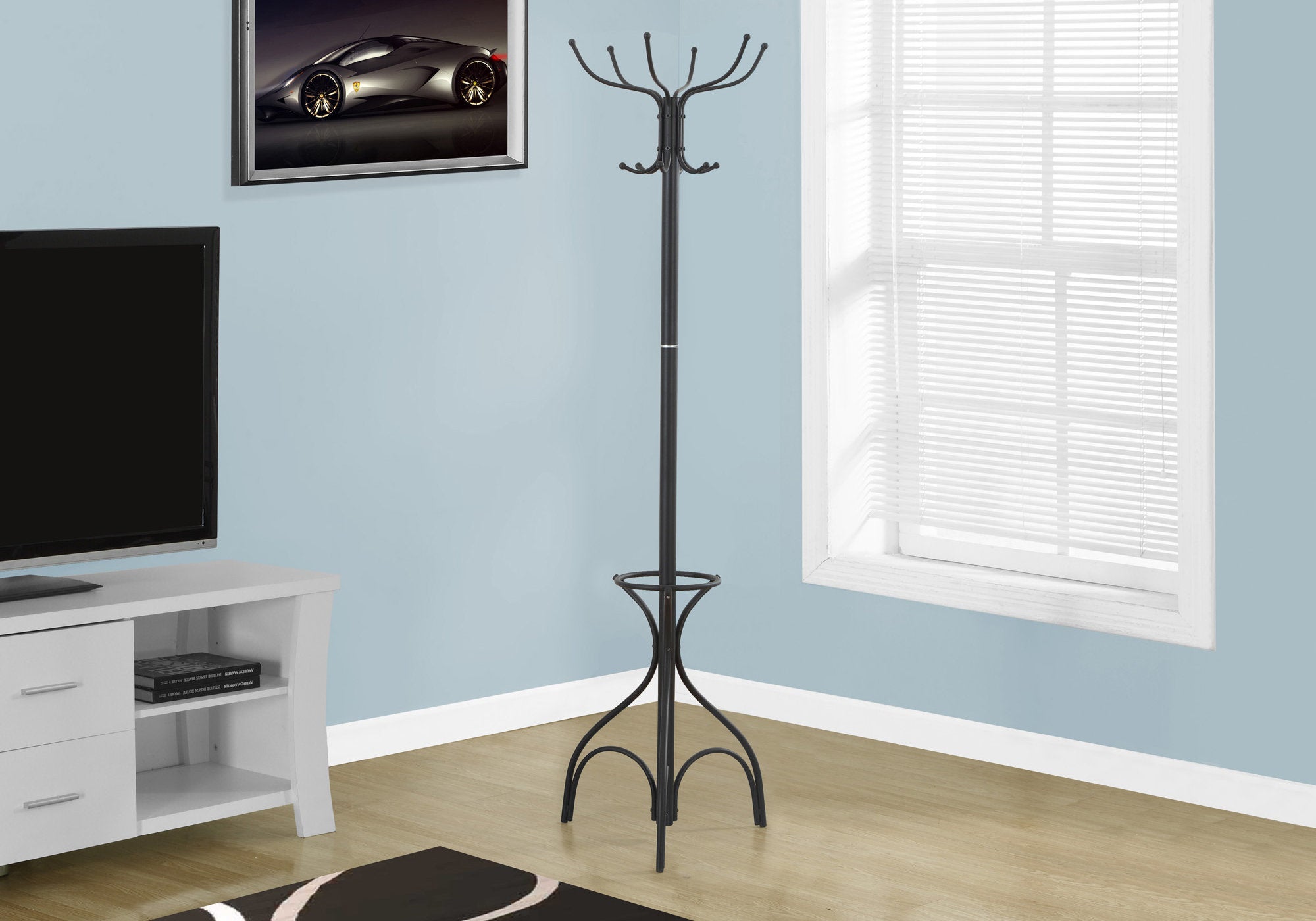 70H Black Metal Coat Rack with Umbrella Holder - Perfect for Entryway, Hallway & Mudroom Organization