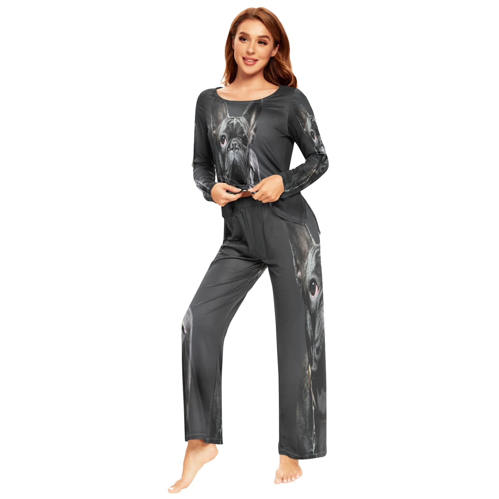 French Bulldog Print Black Pajama Set for Women - 2-Piece Long Sleeve Sleepwear & Lounge Outfit | Cozy Nightwear for Relaxing at Home or Sleepovers