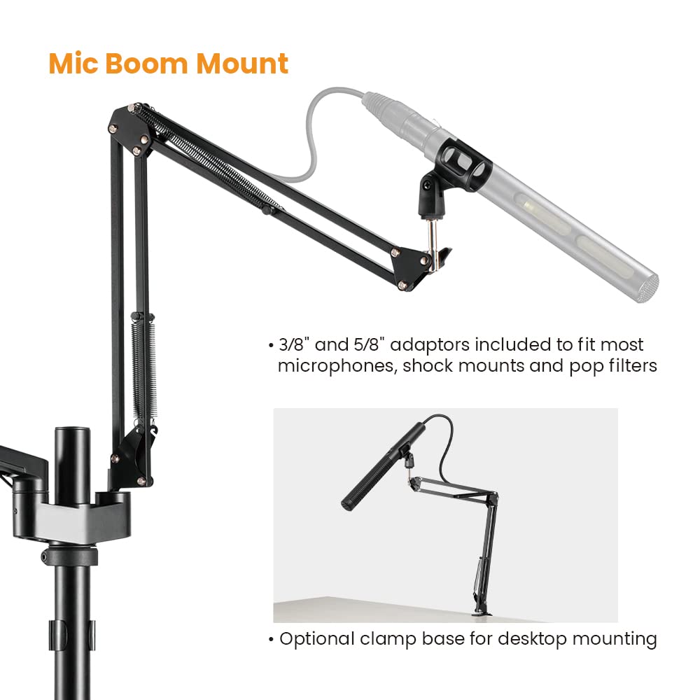 Professional MDS11-2 Live Streaming Boom Arm Kit with Mobile Cart - Adjustable Desk Mount Camera Arm, Webcam Clamp Stand, Microphone Boom & Laptop Holder - Includes 10