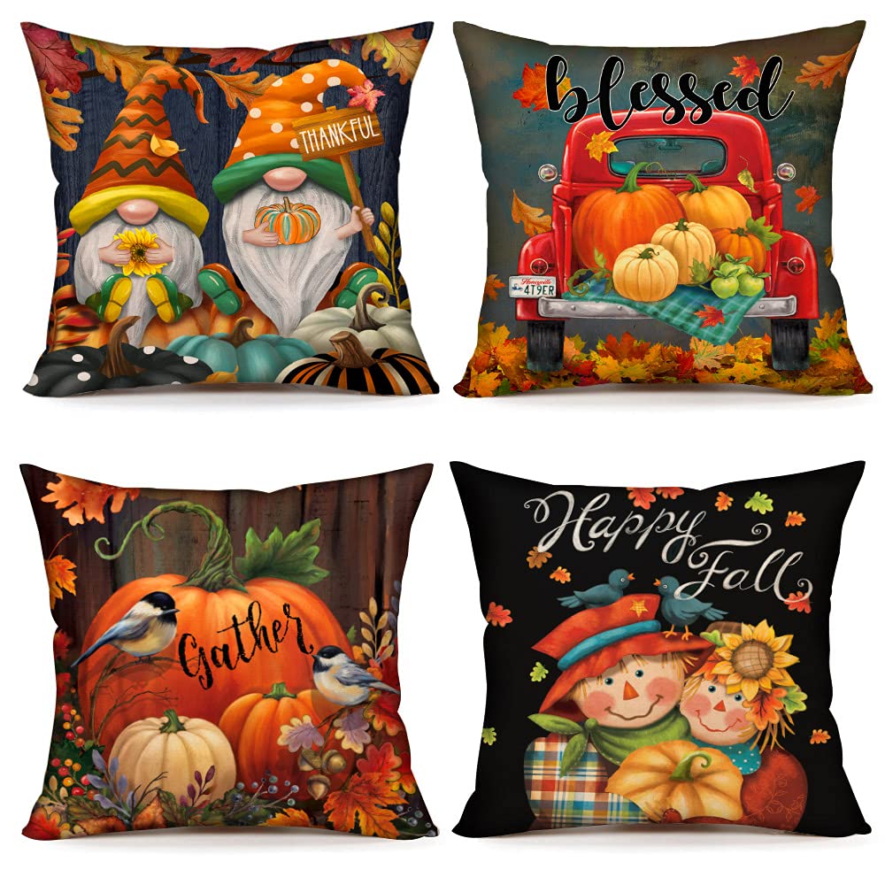 4TH Emotion Fall Decor Pillow Covers Set of 4 - 18x18 Inch Thanksgiving Pumpkin Farmhouse Throw Pillow Cases with Gnomes & Scarecrow Designs for Couch, Sofa, Porch - Cozy Autumn Home Decor