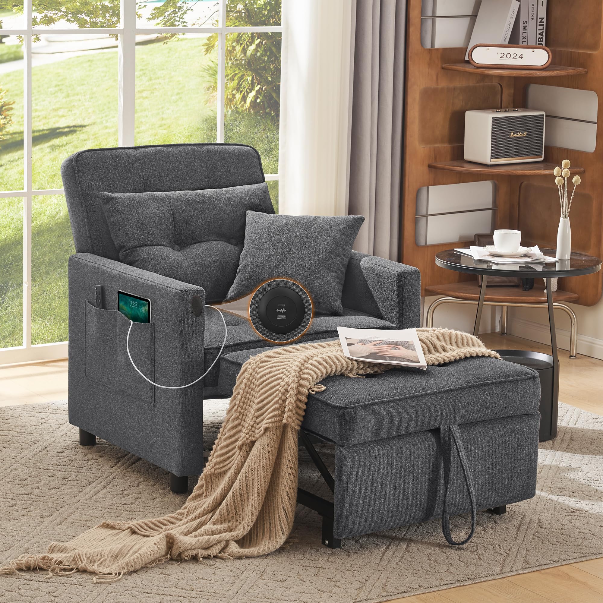 3-in-1 Convertible Sofa Bed for Adults - Foldable Sleeper Chair with Adjustable Backrest & Pillow - Space Saving Multi-Functional Couch for Guest Room, Small Apartment & Office (Reading Chair, Daybed & Guest Bed)