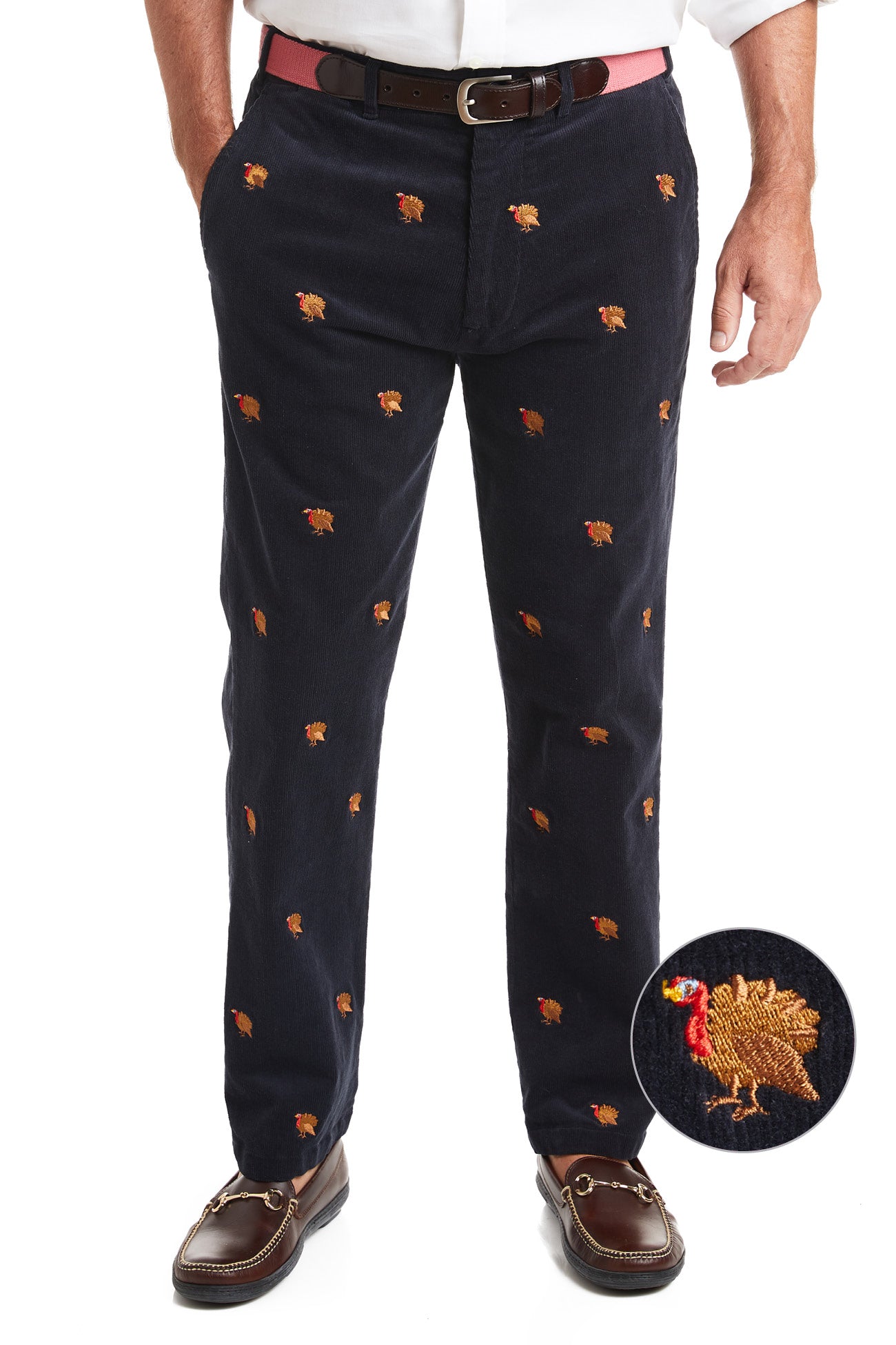 Beachcomber Corduroy Pants for Men - Nantucket Navy with Turkey Print | Comfortable & Stylish Casual Wear for Beach Outings & Fall Fashion