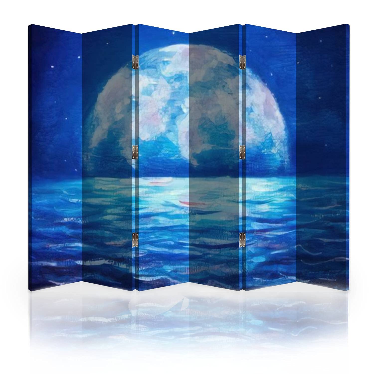 6-Panel Canvas Room Divider Screen - Hand Painted Large Glowing Moon & Ocean Waves Artwork - Folding Privacy Partition for Bedroom, Office & Living Space