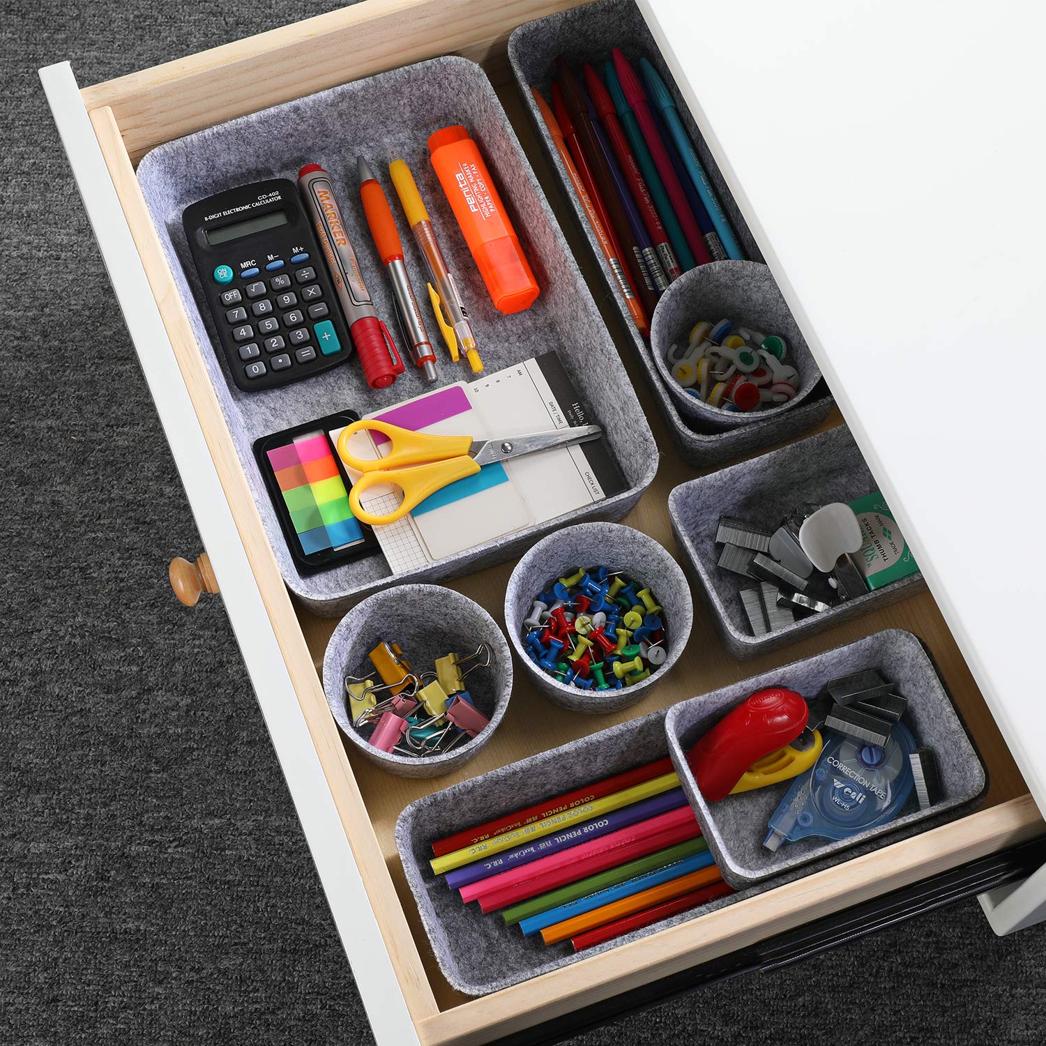 Welaxy 8-Piece Gray Felt Desk Drawer Organizer Trays - Shallow Dividers for Office Supplies, Jewelry, Watches - Multi-Purpose Storage Solution for Home & Office Organization