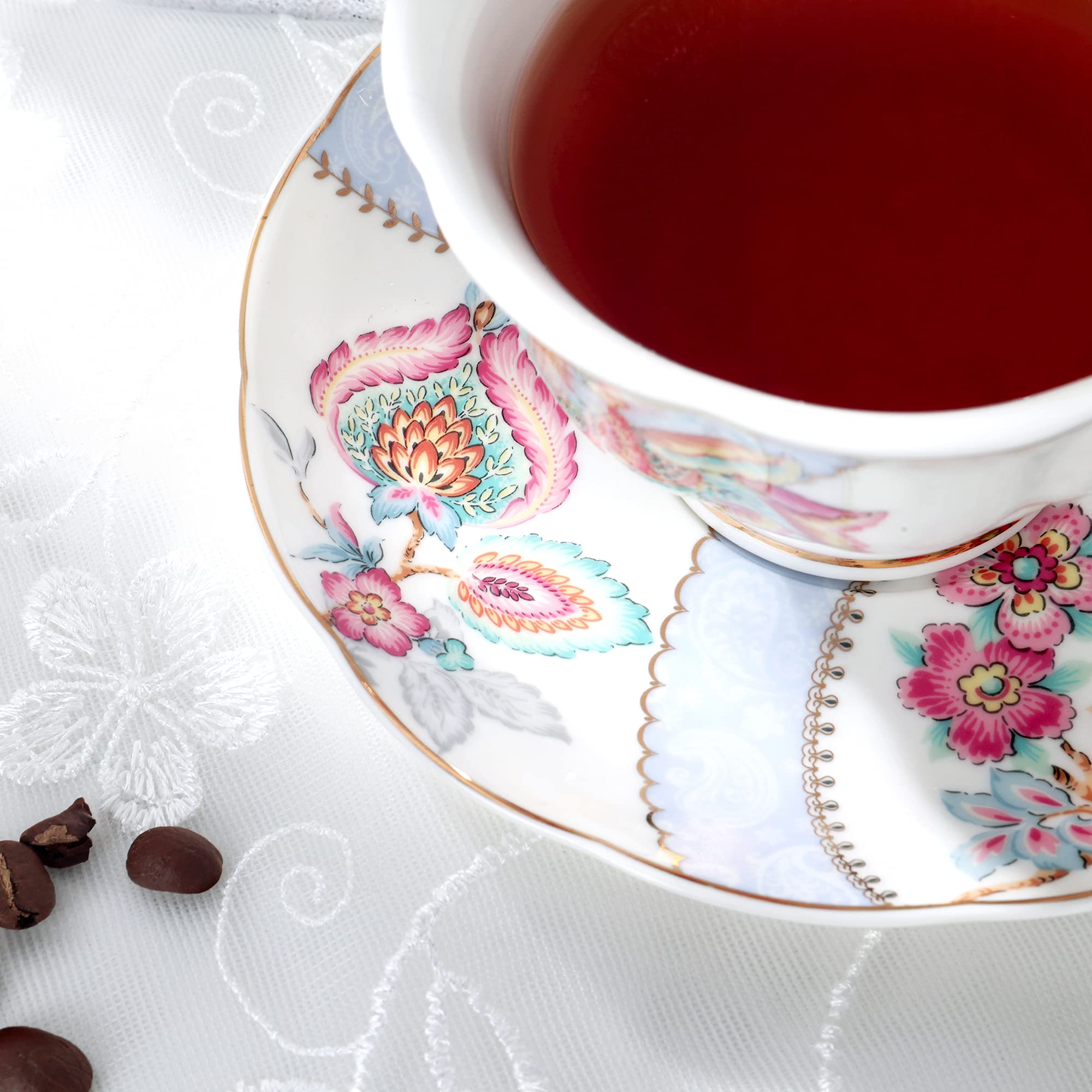 Fanquare Floral Coffee Cups Set of 6 (5 oz) - Porcelain Cappuccino Cups with Saucers - Elegant Tea Cups for Birthday, Wedding & Party - Purple - Perfect for Afternoon Tea, Coffee Break & Home Decor