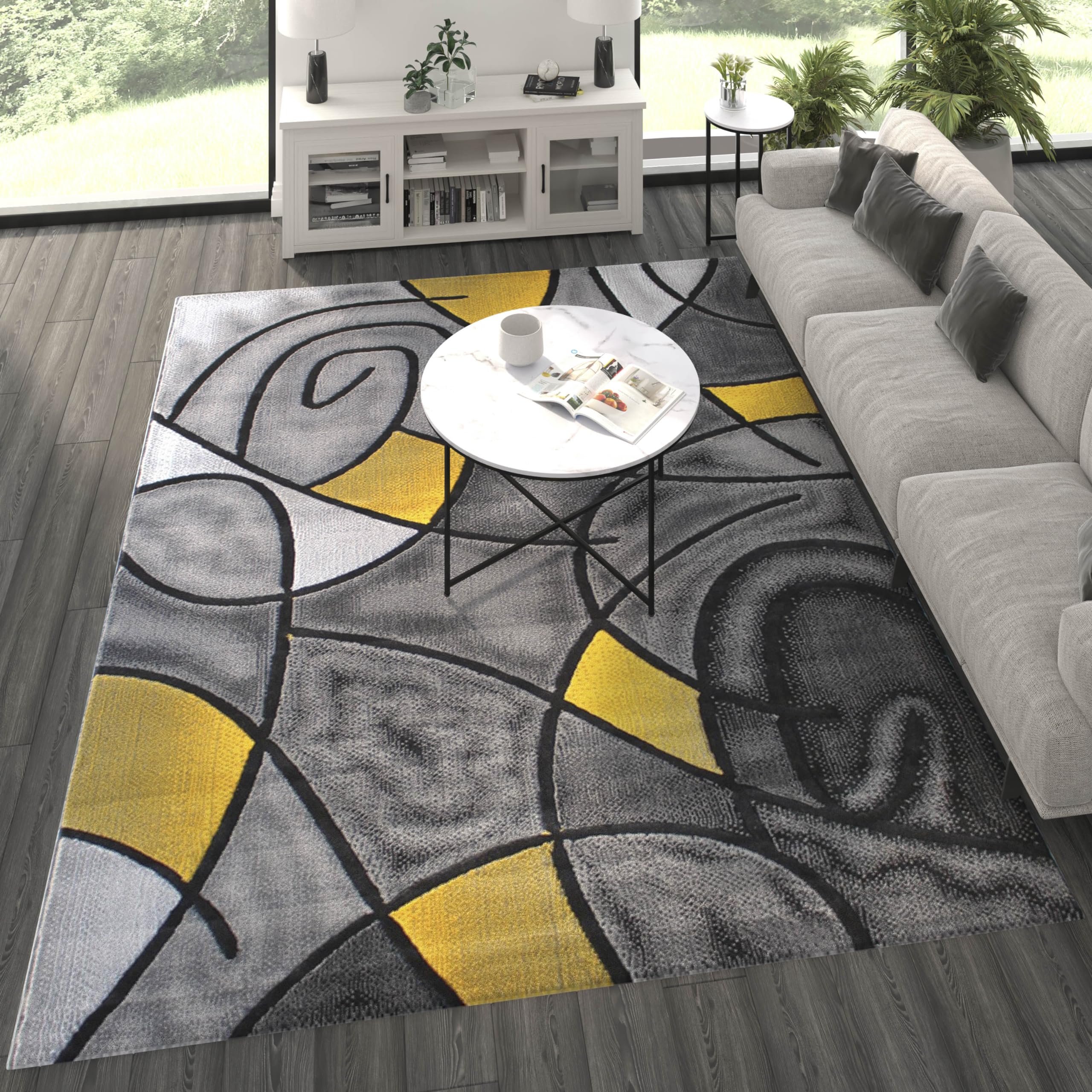 8' x 10' Yellow Abstract Area Rug - Soft Olefin Rug with Non-Slip Jute Backing - Perfect for Living Room, Bedroom & Family Room Decor - Adds Style & Comfort to Your Home