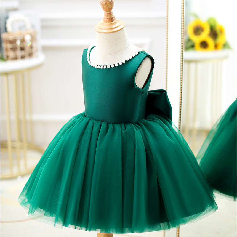 Elegant Green A-Line Flower Girl Dress with Bow & Ruffle Details - Perfect for Weddings, Parties & Special Occasions
