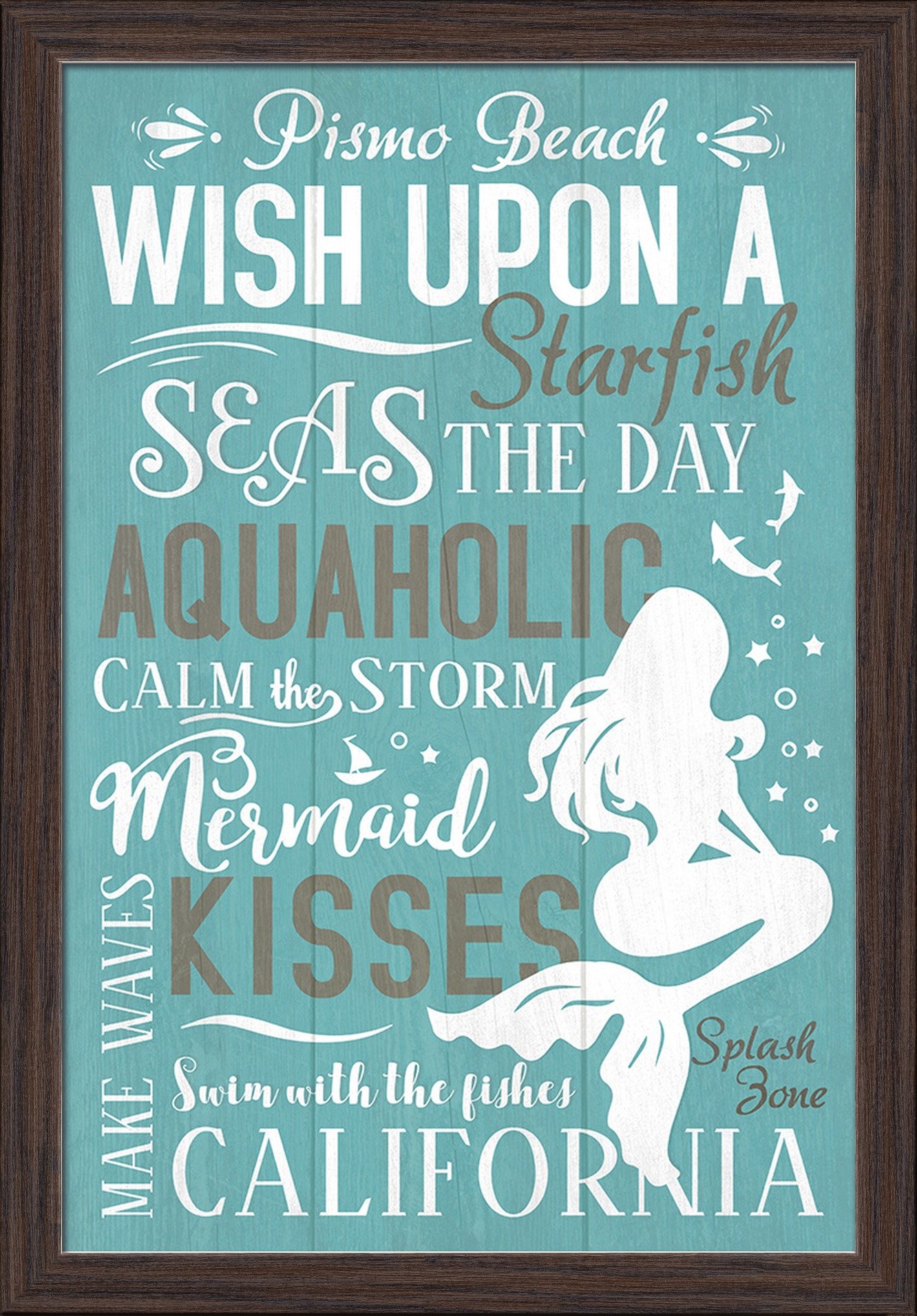 Mermaid Typography Art Print - 16x24 Giclee Fine Art, Recycled Wood Frame in Espresso Brown - Coastal California Beach Decor for Living Room, Bedroom & Office