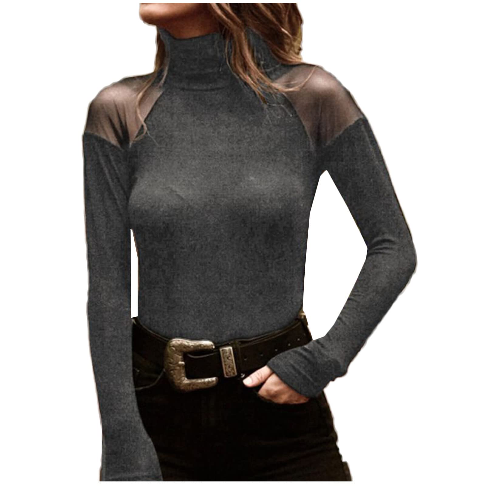 Sexy Mesh Stitching Long Sleeve Turtleneck Top for Women - Slim Fit Pullover Blouse for Workout, Casual Wear & Office Outfits
