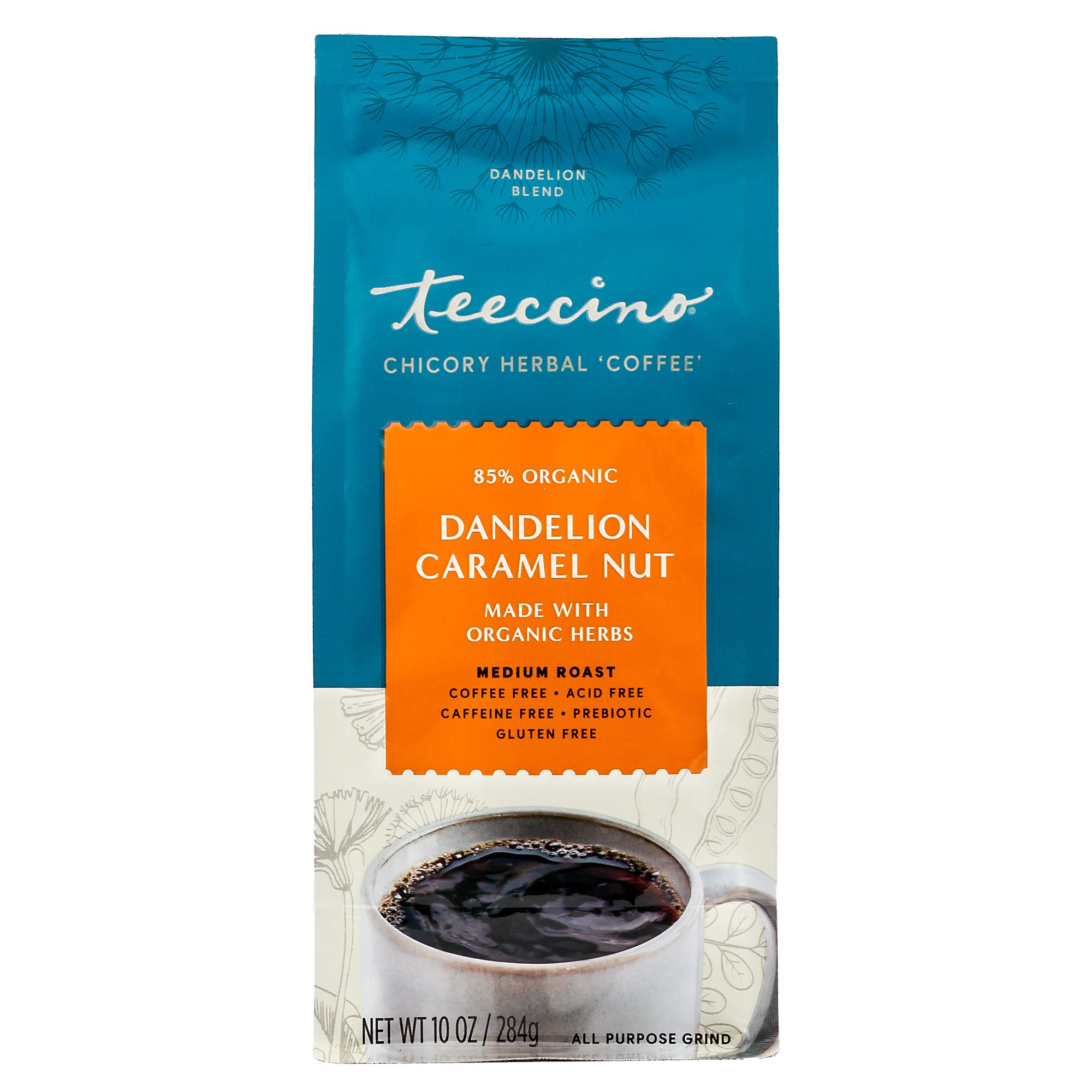 Teeccino Dandelion Caramel Nut Herbal Coffee - Caffeine-Free, Prebiotic, Gluten-Free & Acid-Free Medium Roast Coffee Alternative - 10oz (3-Pack) | Perfect for Morning Brew, Afternoon Pick-Me-Up & Digestive Health