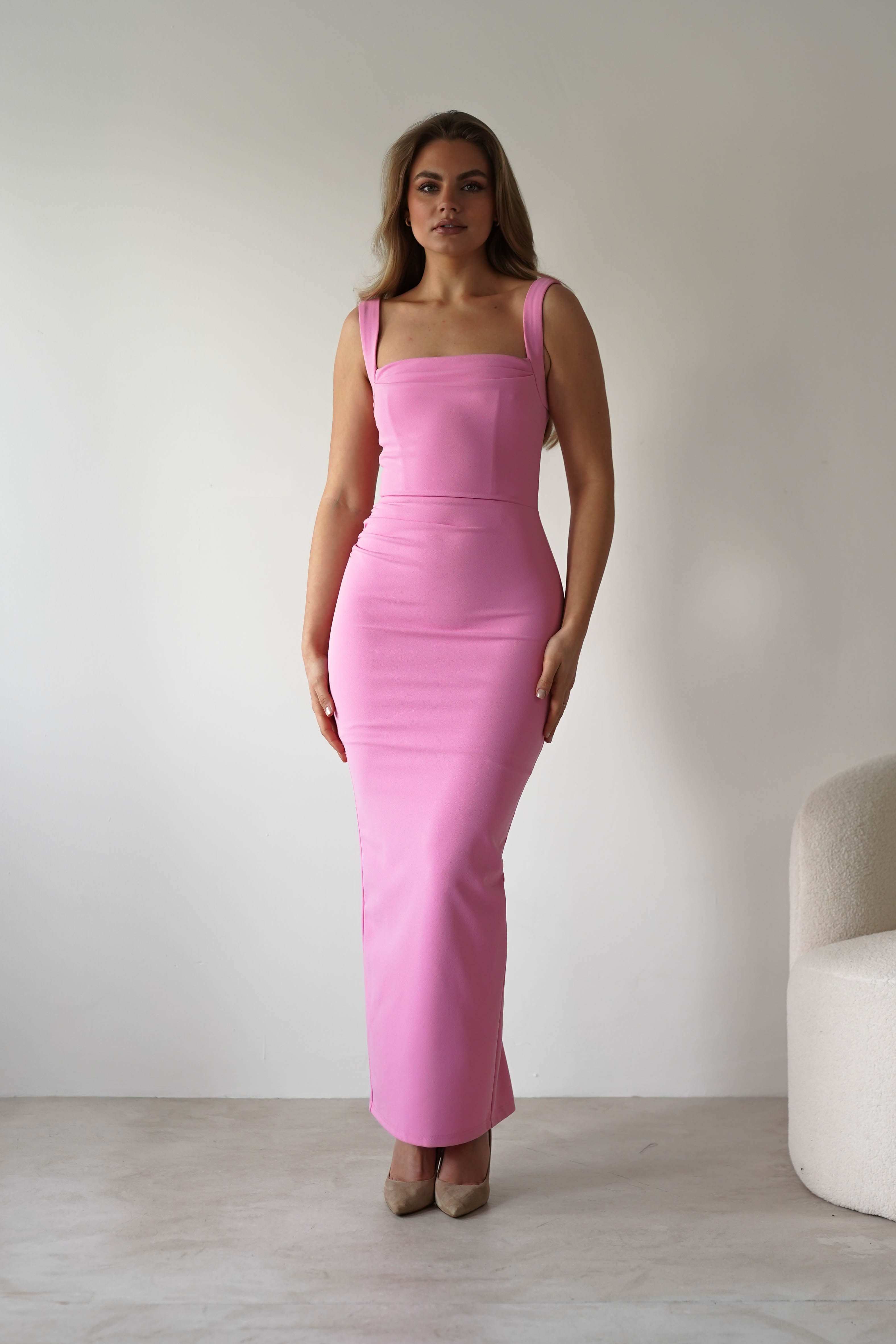 Brooke Square Neck Maxi Dress in Pink - Elegant Flowy Summer Dress for Beach Vacations, Weddings & Date Nights