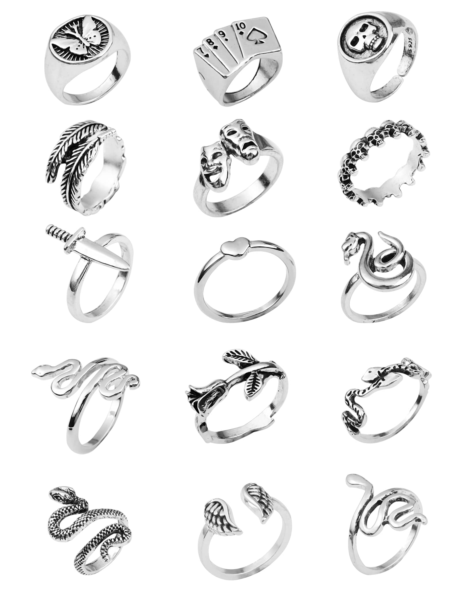 Men's Punk Rings Set - Silver Vintage Gothic Rings for Eboy, Cool Hippie Rings with Sword, Wings, Feather, Skull, Snake & Flower Designs - Perfect for Punk Fashion, Rock Concerts & Gothic Style