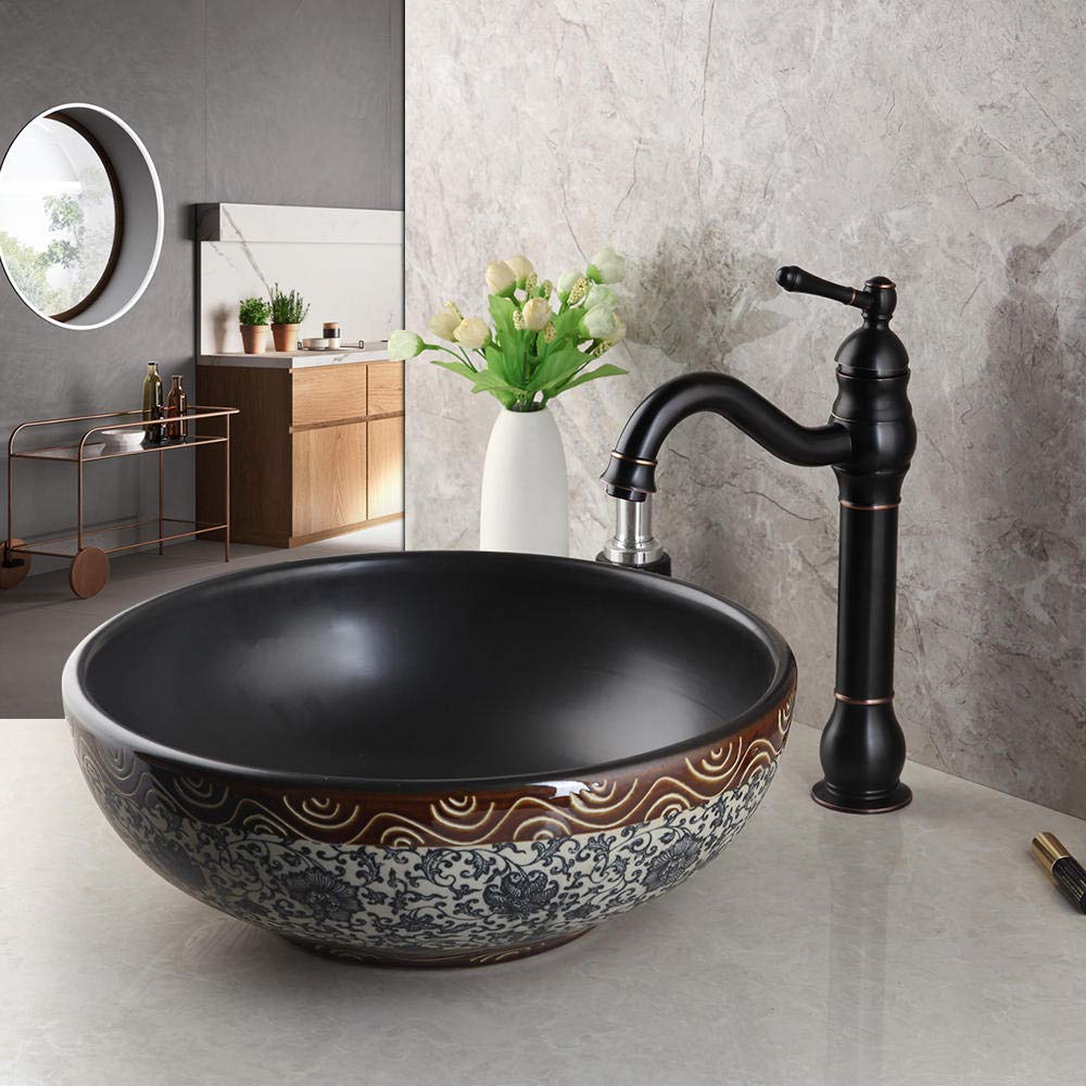 Black Ceramic Vessel Sink with Waterfall Spout & Brass Faucet Set - Modern Bathroom Basin for Vanity, Powder Room, and Washbasin Installation | Perfect for Contemporary Homes, Hotels, and Luxury Bathroom Designs