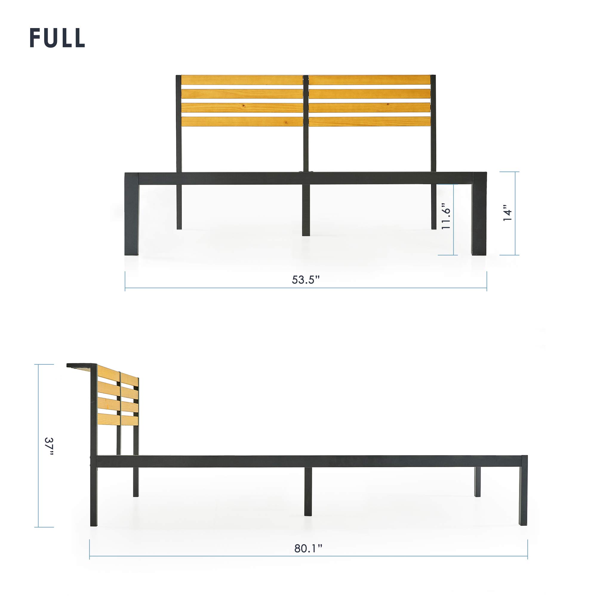 Solid Pine Wood Mellow Kasi Metal Platform Bed with Panel Headboard Shelf - Easy Assembly Full Size Bed Frame (SHPB-KAF) - Perfect for Modern Bedrooms, Guest Rooms & Small Spaces