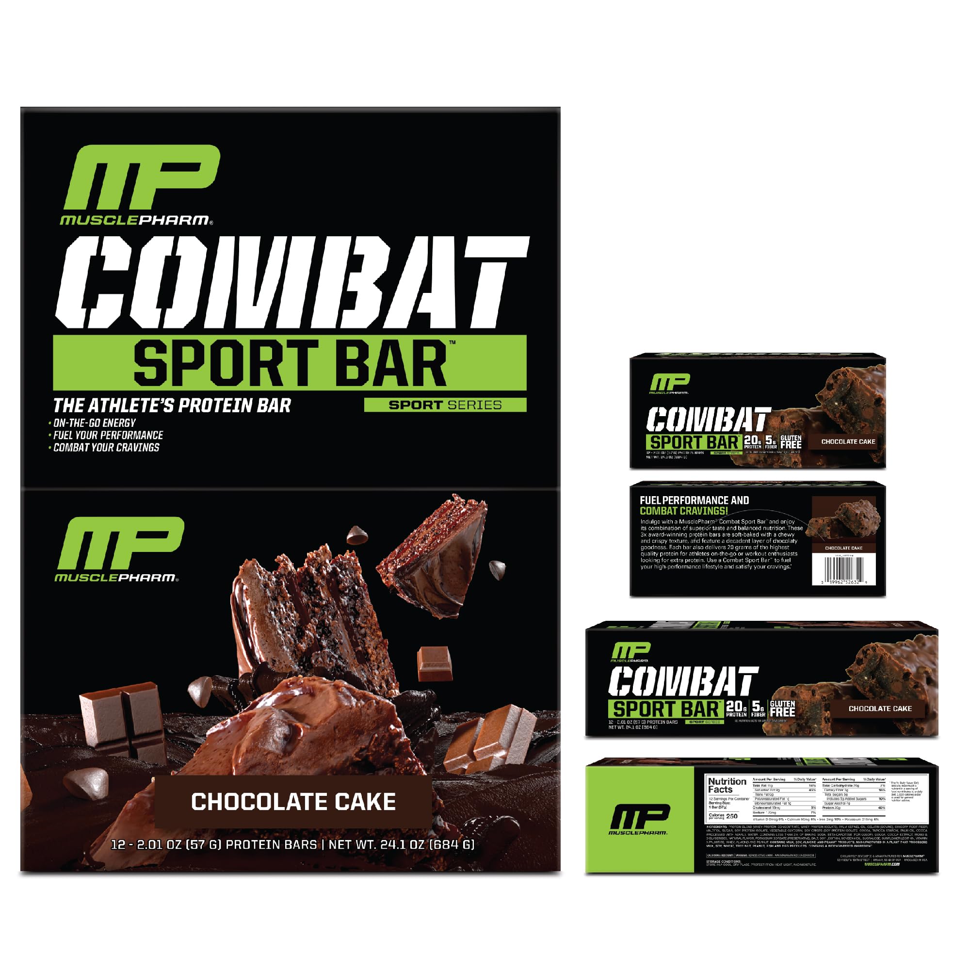 MusclePharm Combat Sport Bar - Chocolate Cake Flavor | 20g Whey Protein, 5g Fiber | Gluten Free High Protein Snack for Athletes | Pre-Workout Energy & Post-Workout Recovery | 12 Bars Pack