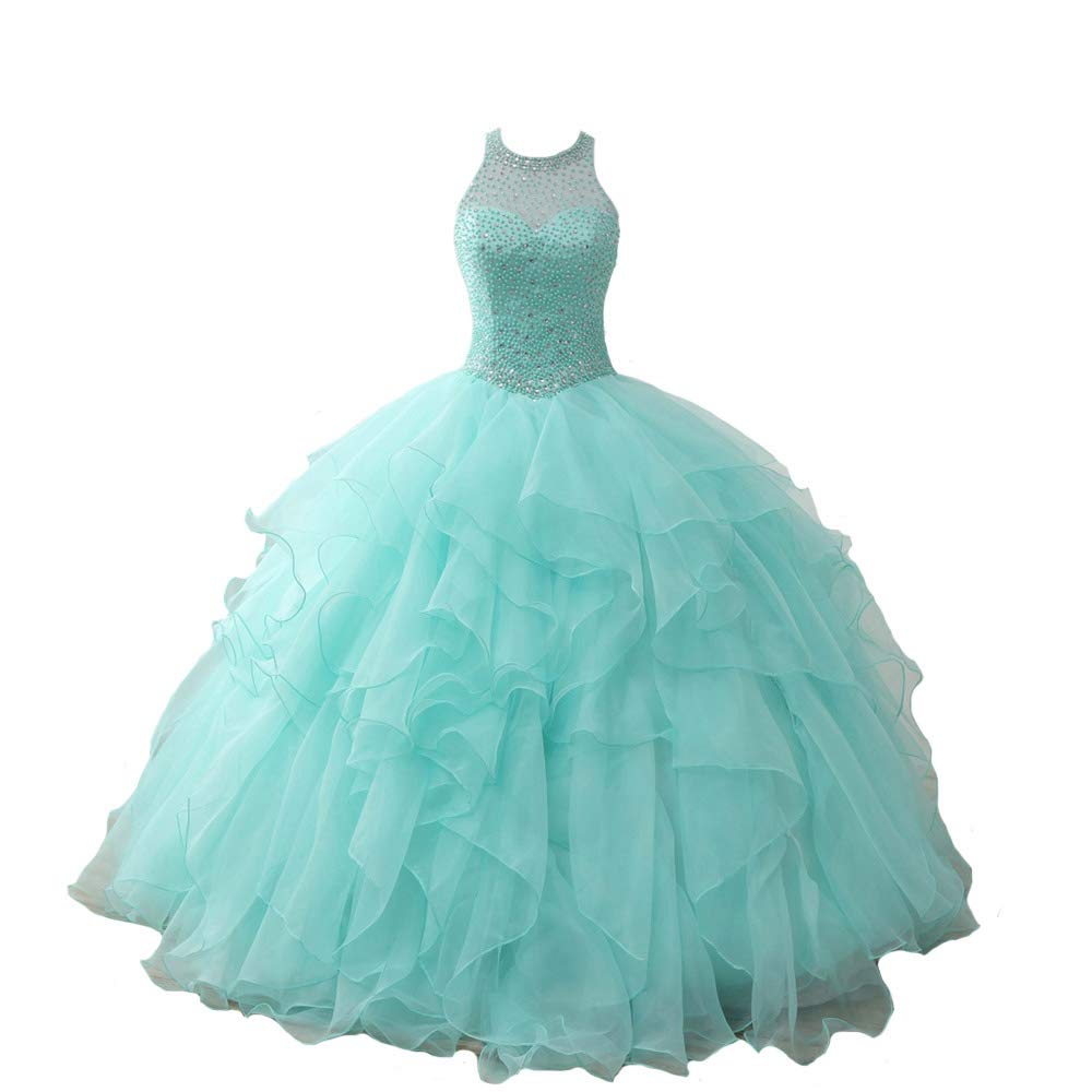 Elegant ANGELA Women's Halter Bead Embellished Ball Gown - Quinceañera & Prom Dress in Organza Fabric | Perfect for Sweet 16, Homecoming, and Formal Evening Events