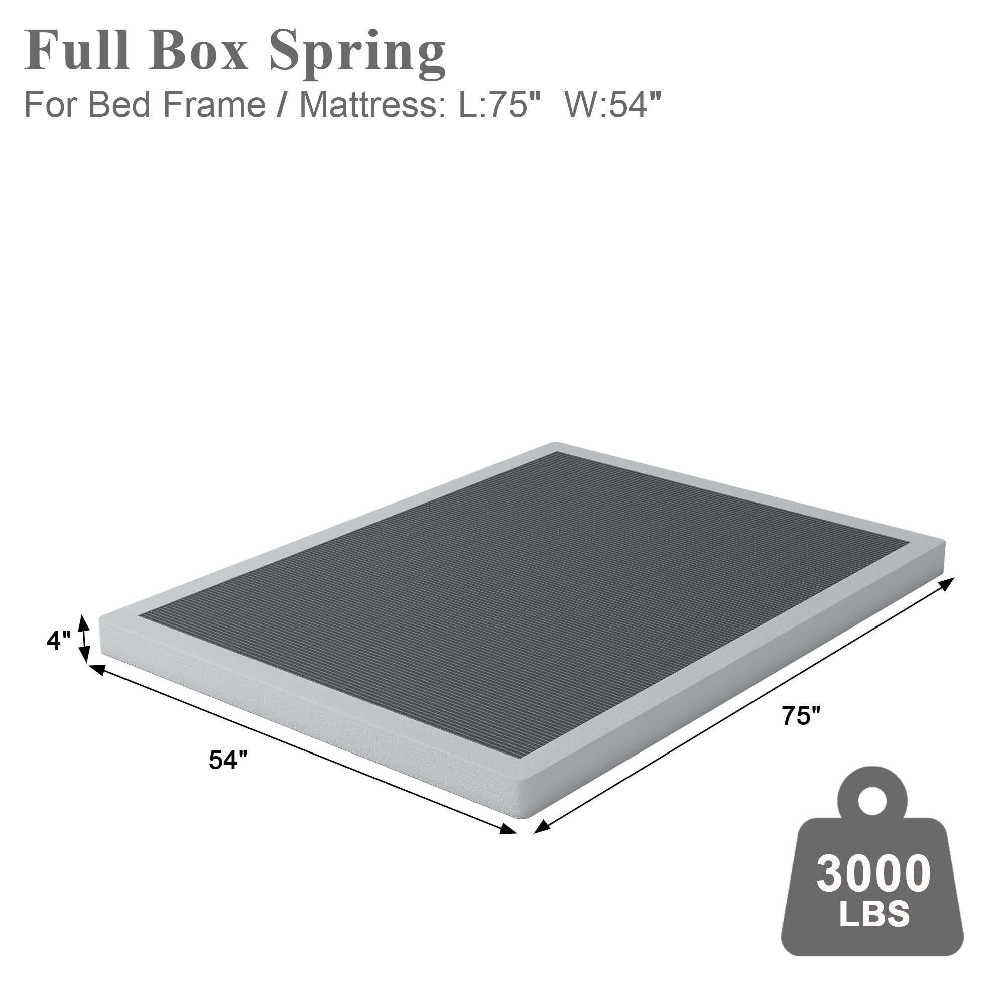 Heavy Duty Full Box Spring Bed - 4 Inch Metal Foundation with Fabric Cover for Noise-Free Support up to 3000lbs - Perfect for Guest Rooms & Dormitories