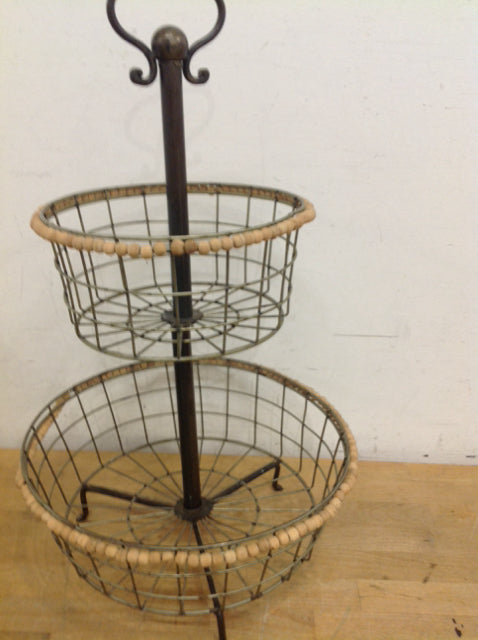 22-Inch 2-Tier Metal and Wood Basket - Perfect for Kitchen Storage, Bathroom Organization, and Home Decor