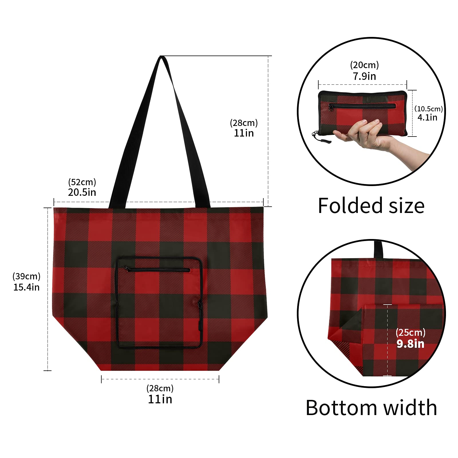 ALAZA Merry Christmas Plaid Buffalo Large Reusable Tote Bag - Foldable Lightweight Grocery Shopping Bag with Handles for Women, Outdoor Picnics, Travel & Holiday Gift Giving