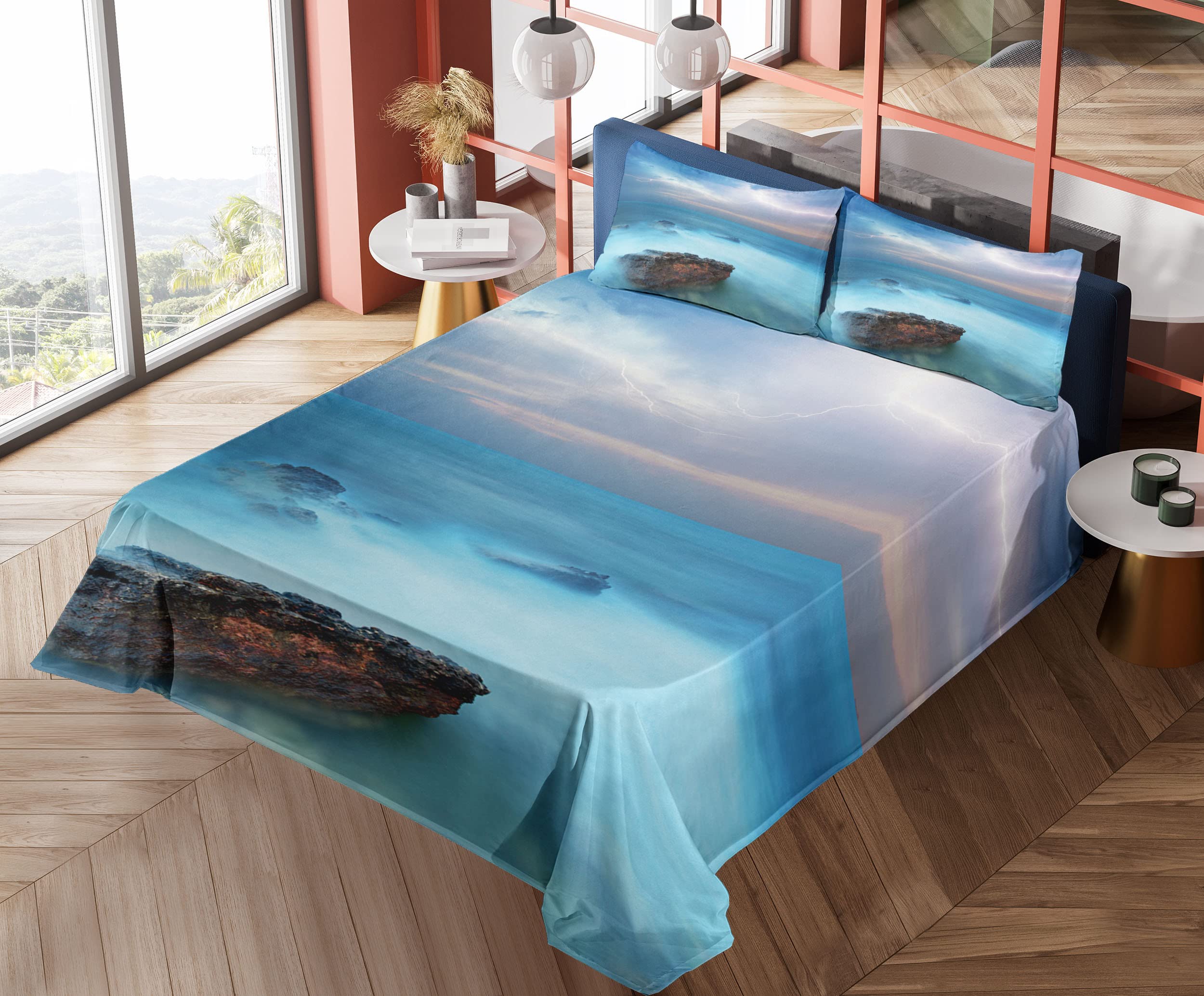 Ambesonne Tropical Ocean & Storm Epic Scenery 4-Piece King Size Bed Sheet Set - Fitted Sheet, Flat Sheet & 2 Pillowcases - Turquoise Coastal Themed Bedding for Beach House, Guest Room & Vacation Home Decor