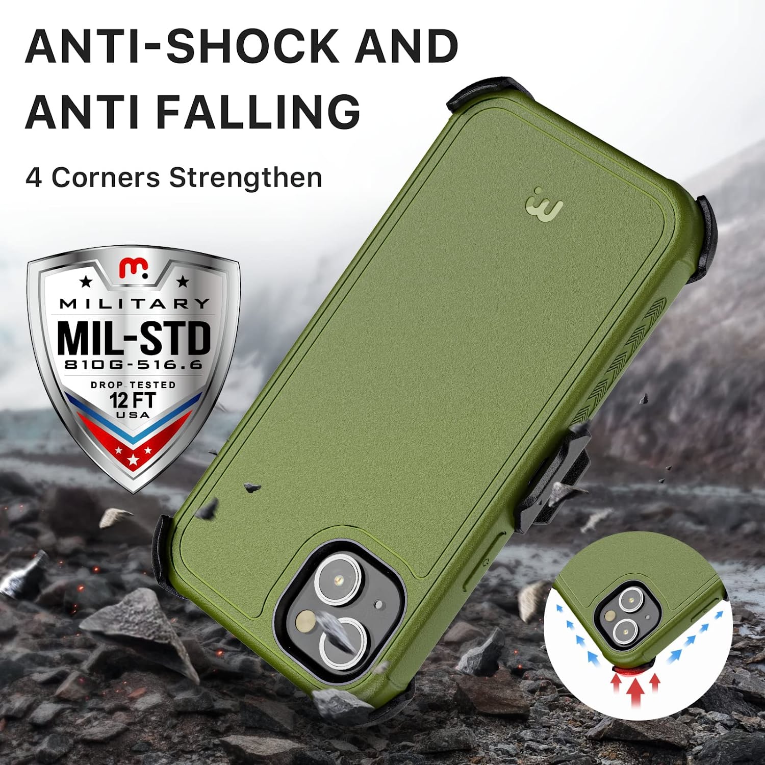 iPhone 14 Case with Belt Clip Holster & Tempered Glass Screen Protector | 6.1 Inch Heavy Duty Military Green | Perfect for Outdoor Activities & Daily Protection