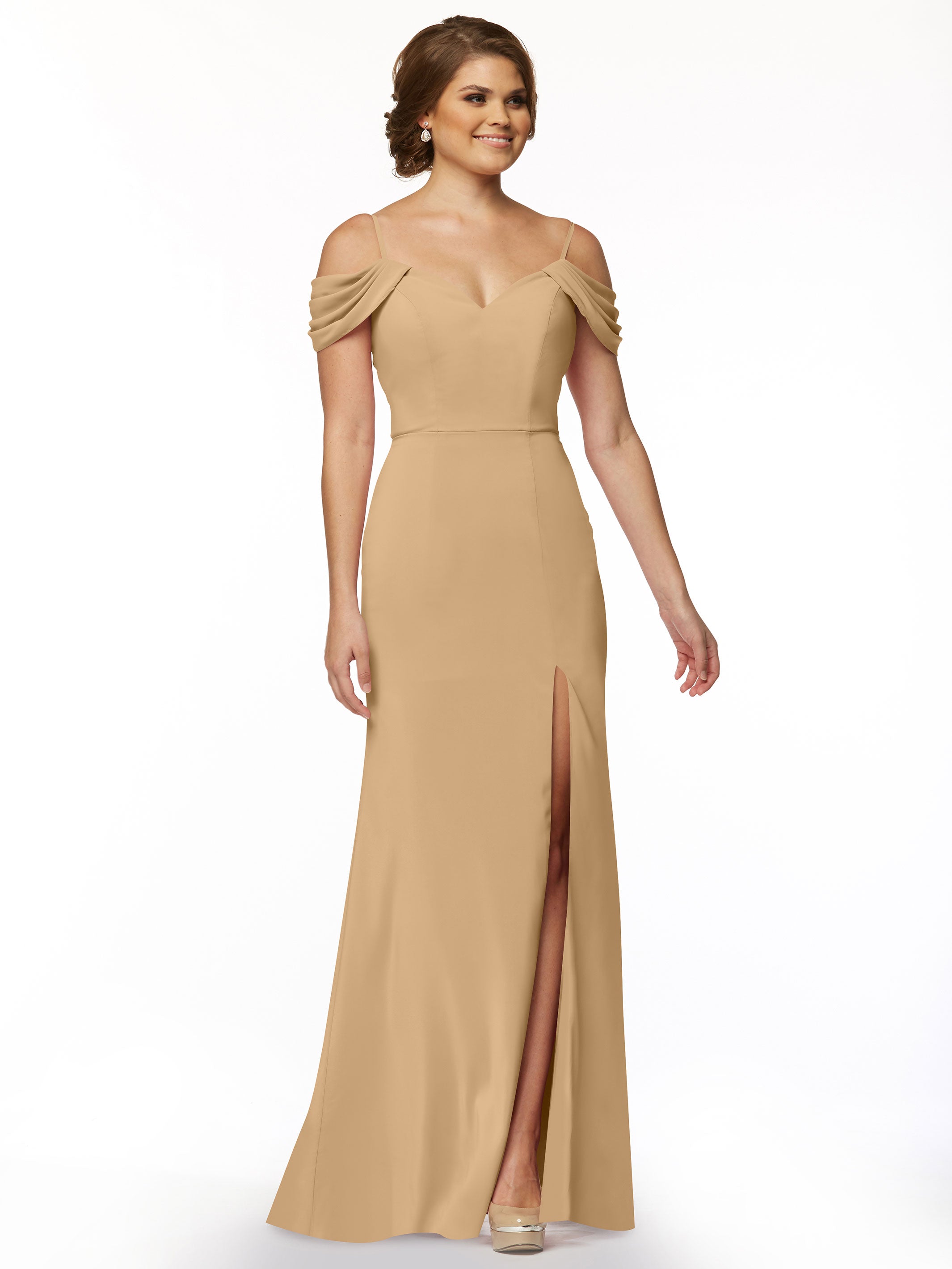 Elegant 83029 Stretch Chiffon Off-Shoulder Bridesmaid Dress with Thigh High Slit - Perfect for Weddings, Parties & Formal Events