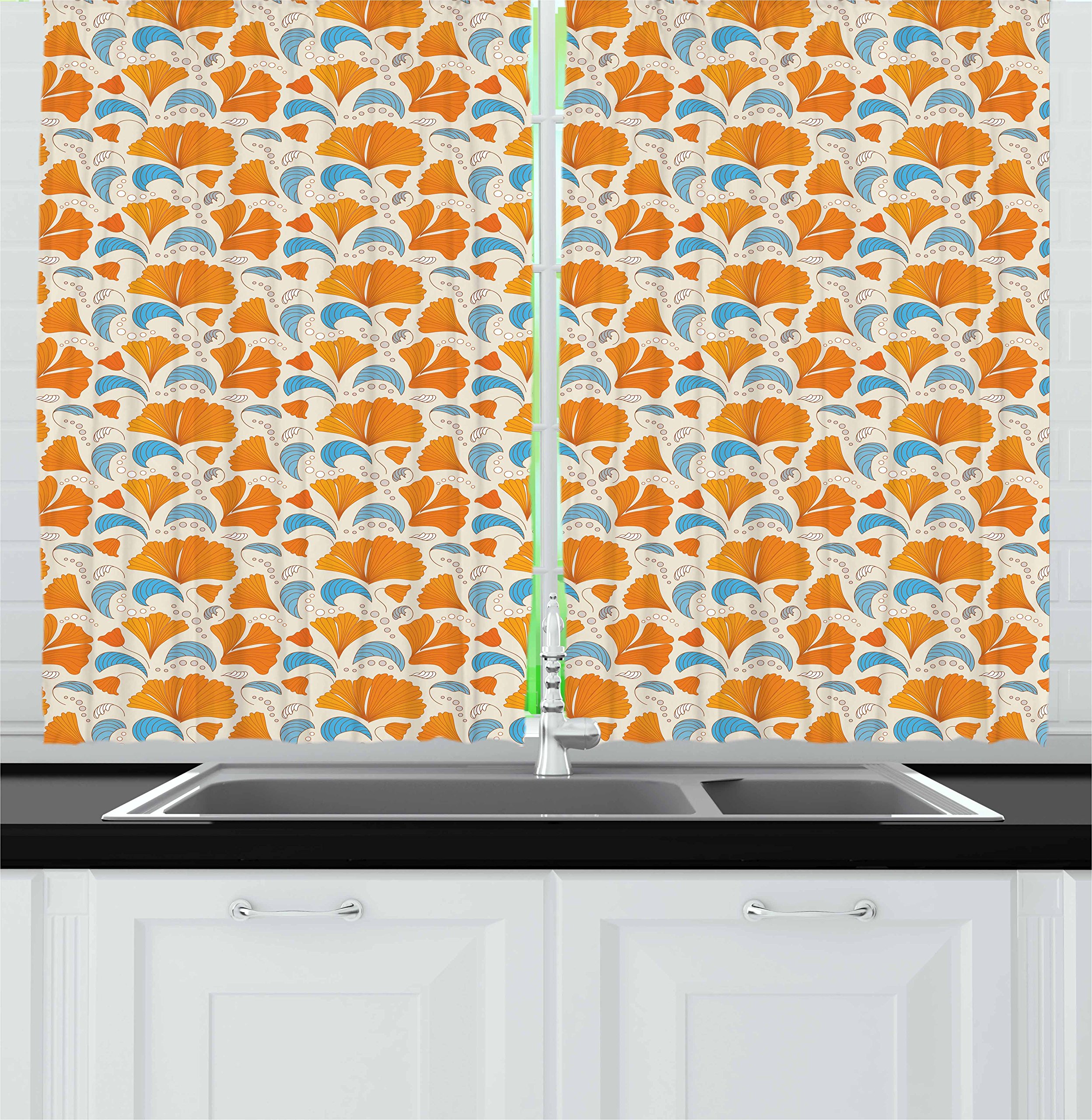 Ambesonne Floral Kitchen Curtains Set of 2 Panels - Modern Leaf & Blossom Design in Orange, Blue & Beige - 55
