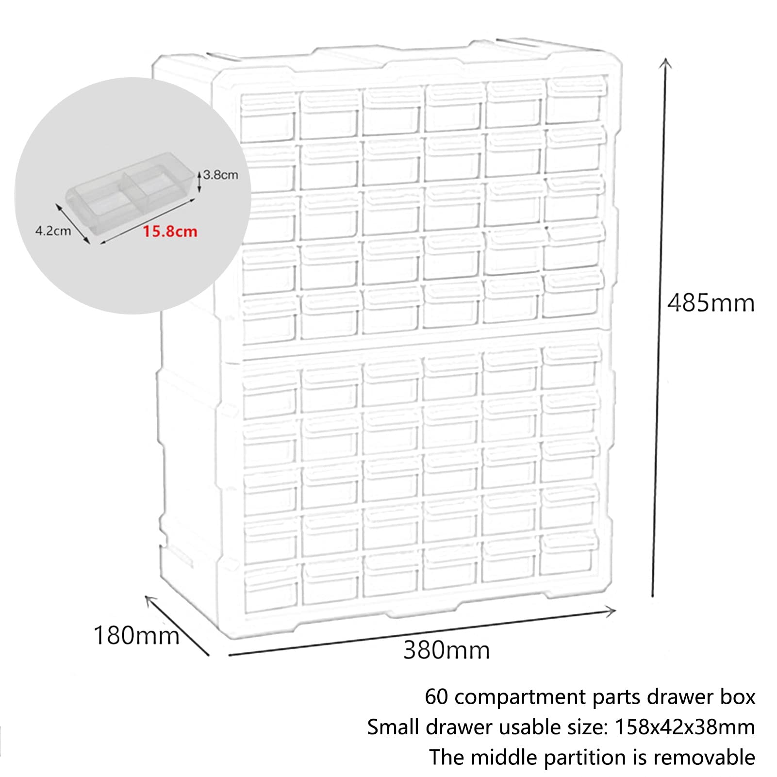 60-Drawer Clear Plastic Storage Cabinet for Small Parts - Wall Mounted Tool Organizer for Nuts, Bolts & Hardware (380x180x485mm) | Perfect for Workshop, Garage & Craft Room Organization