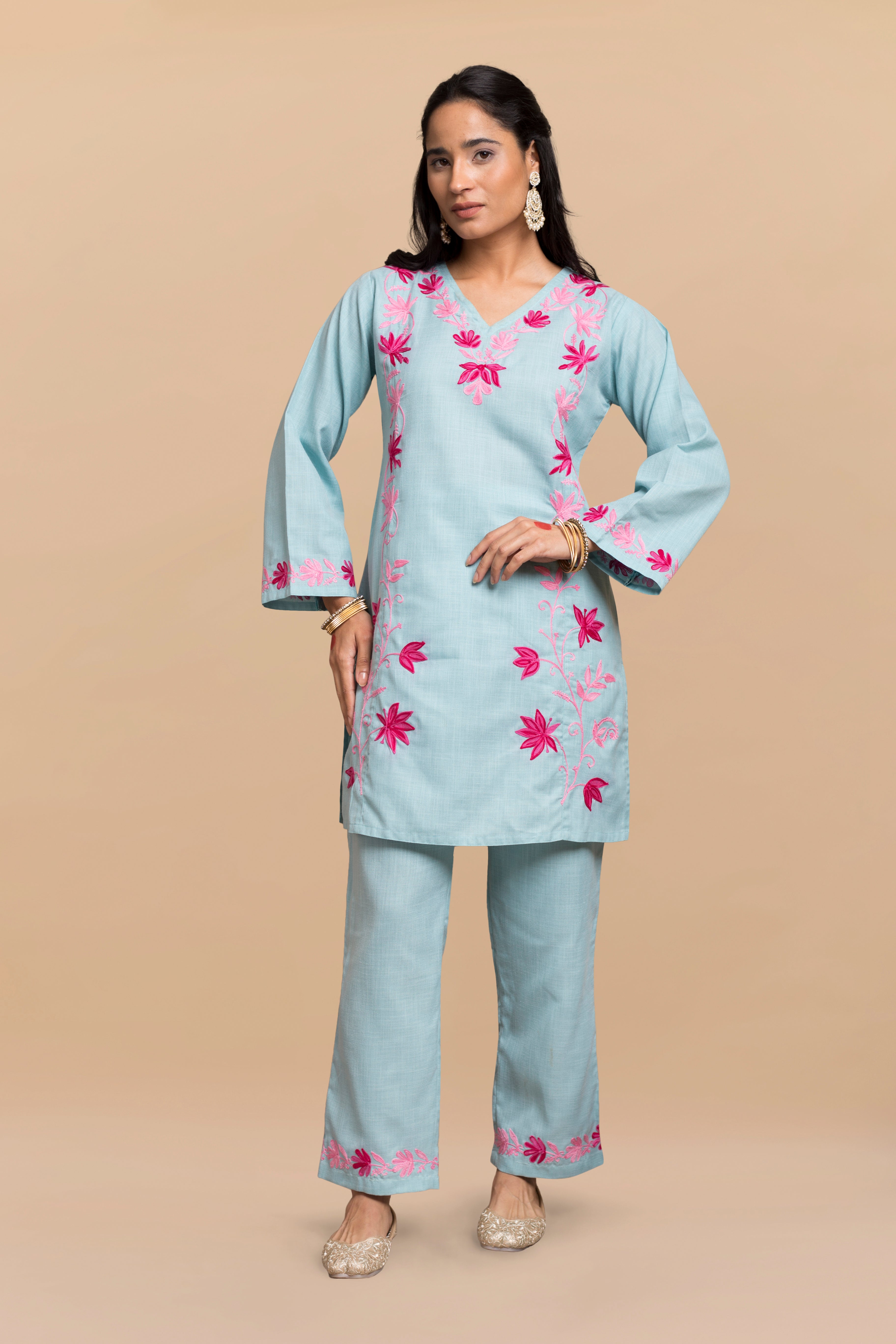 Falak Kashmiri Kurta Set - Turquoise Blue Ethnic Embroidered Outfit for Women | Perfect for Festivals, Weddings & Cultural Events