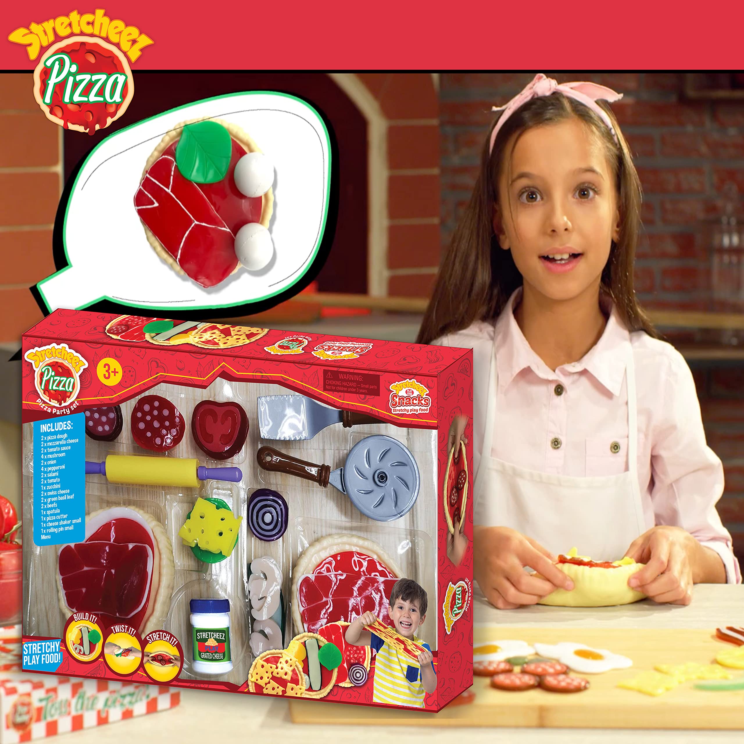 Stretcheez Pizza Party Set - Realistic & Squishy Play Food Toys for Kids - Pretend Play Kitchen Accessories for Toddlers & Preschoolers