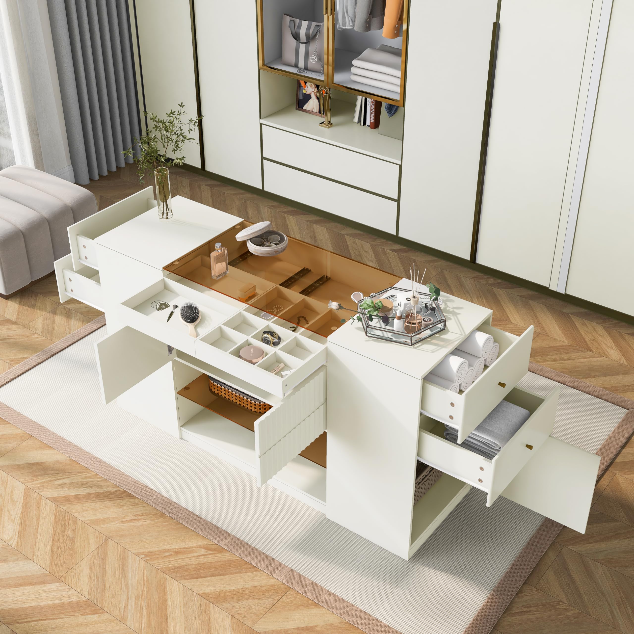 Modern White Wooden Armoire with Glass Top & 6 Drawers - Multi-Functional Bedroom Storage Cabinet for Walk-in Closets, Wardrobe Organization & Display Shelf - Perfect for Master Bedrooms, Guest Rooms & Apartment Living
