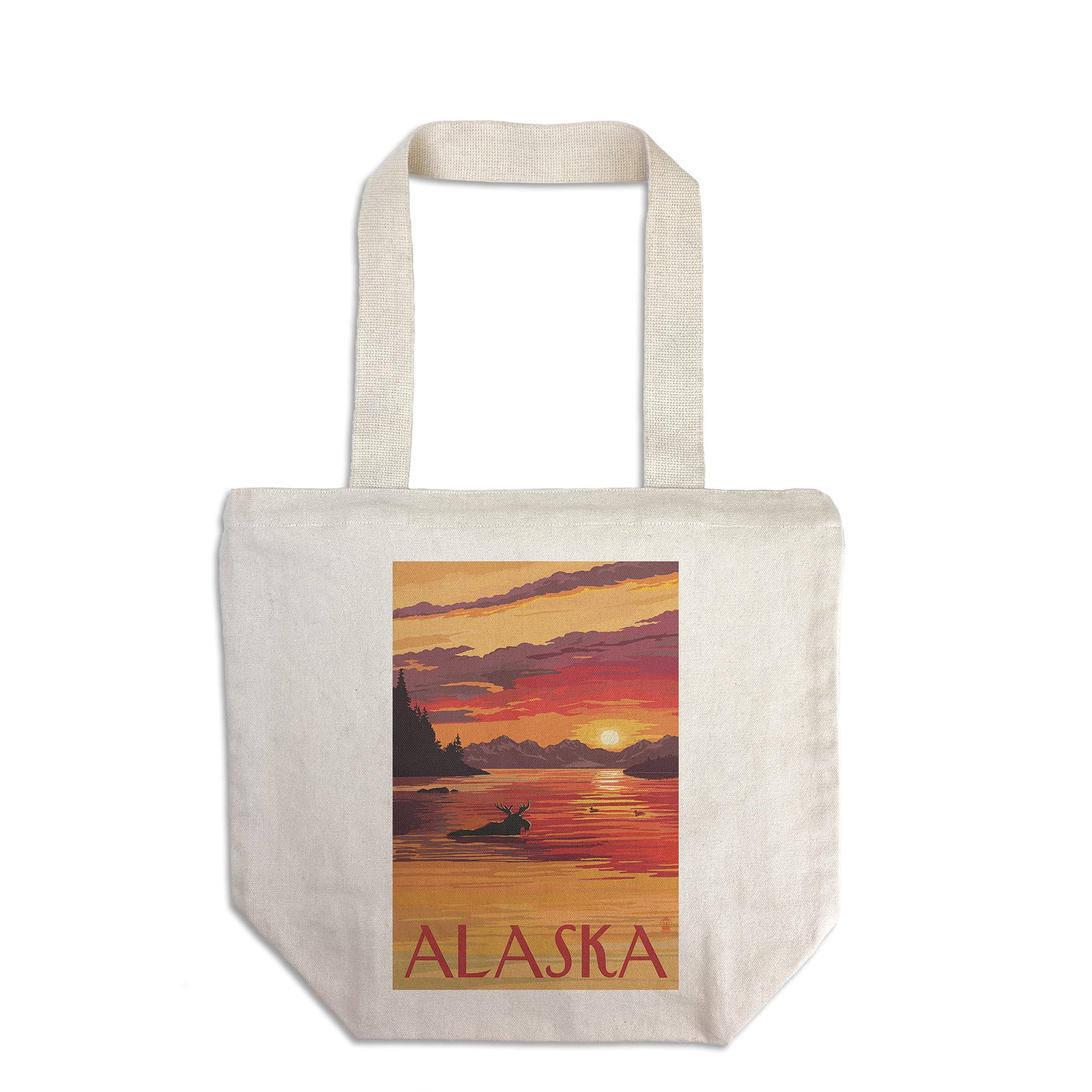 Lantern Press Alaska Moose Swimming Sunset Canvas Tote Bag - 100% Cotton Reusable Shopping Bag for Groceries, Beach, and Travel
