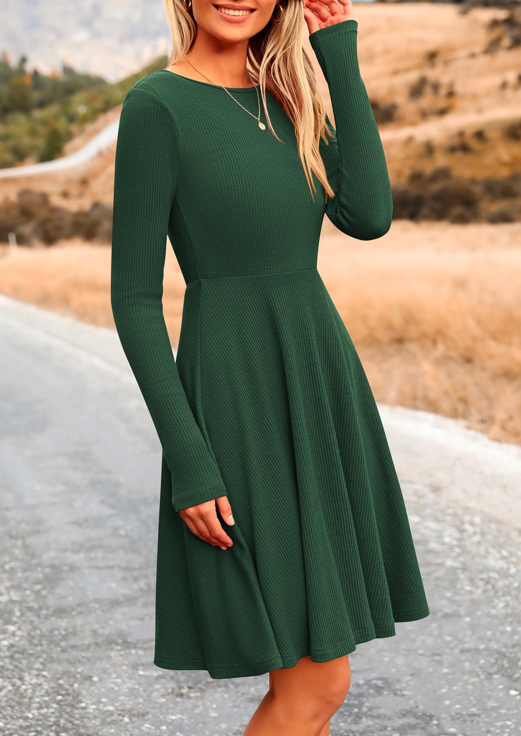 PRETTYGARDEN Women's Ribbed Knit Long Sleeve A-Line Dress - Elegant Crewneck Flowy Casual Dress for Spring Fall | Perfect for Office Wear, Date Night & Weekend Outings