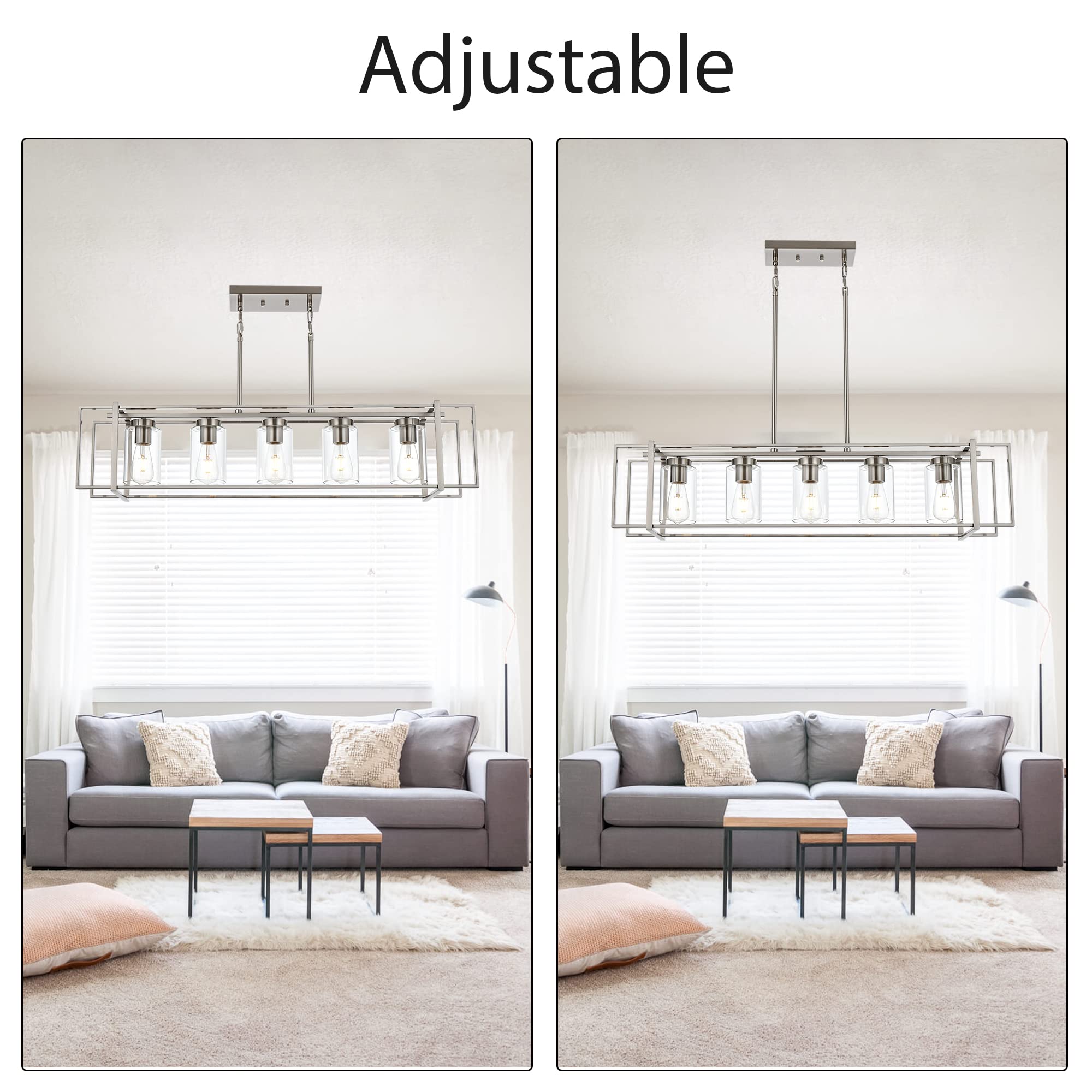 MELUCEE 5-Light Brushed Nickel Rectangular Pendant Light with Clear Glass Shade - Adjustable Height Kitchen Island Lighting & Dining Room Chandelier - Perfect for Modern Farmhouse, Industrial & Contemporary Home Decor