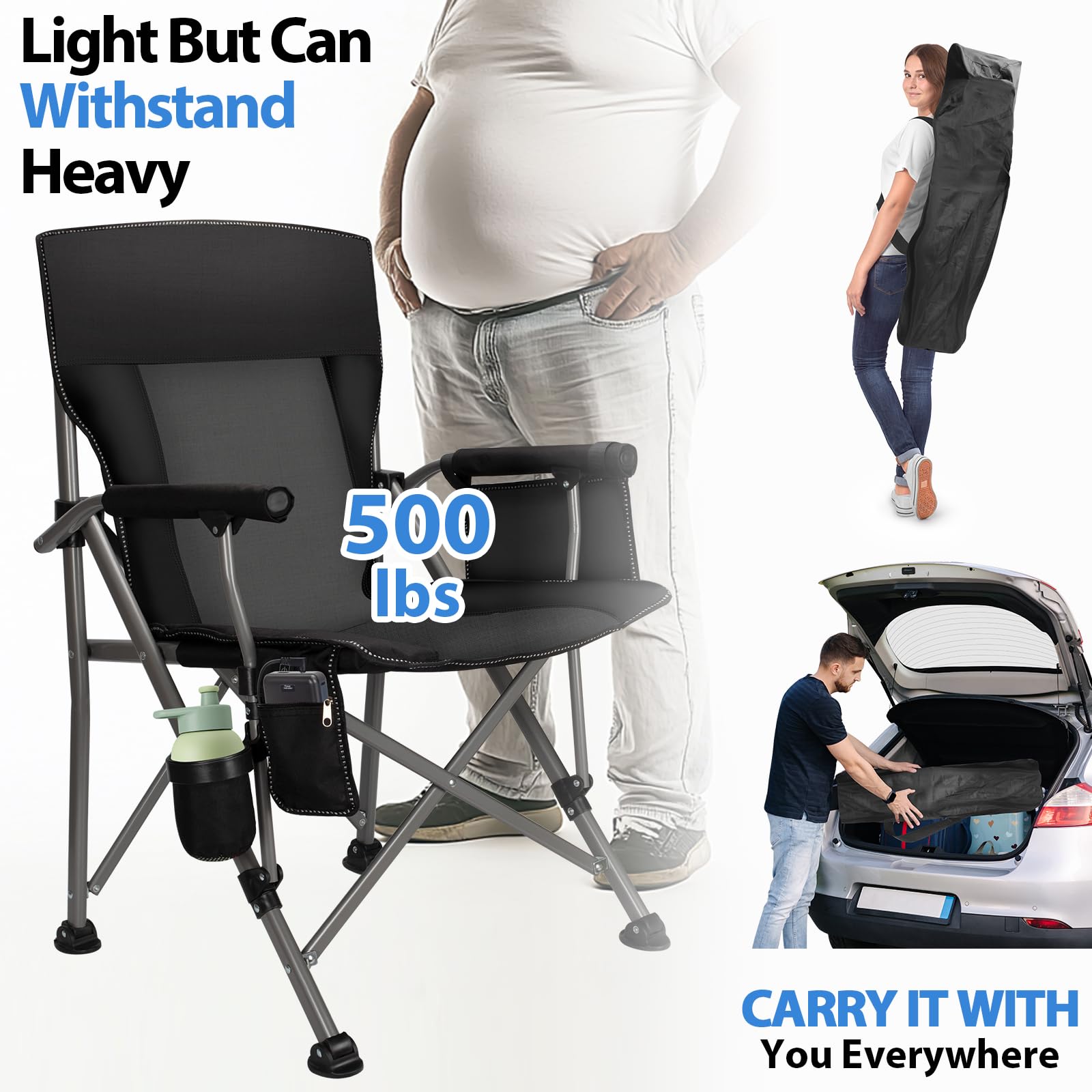 QUYUAN Heated Camping Chair with 20,000mAh Battery - Padded Portable Folding Chair with 500-Minute Heating, 500lb Weight Capacity - Perfect for Camping, Hiking, Hunting, Beach, Picnics & Outdoor Events