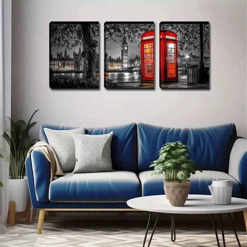 3-Piece City Road Phone Booth at Night Wall Art Set - Framed Canvas 40x60cm - High Quality Print - 100% Australian Made - Ready to Hang - Perfect for Living Room, Bedroom & Office Decor