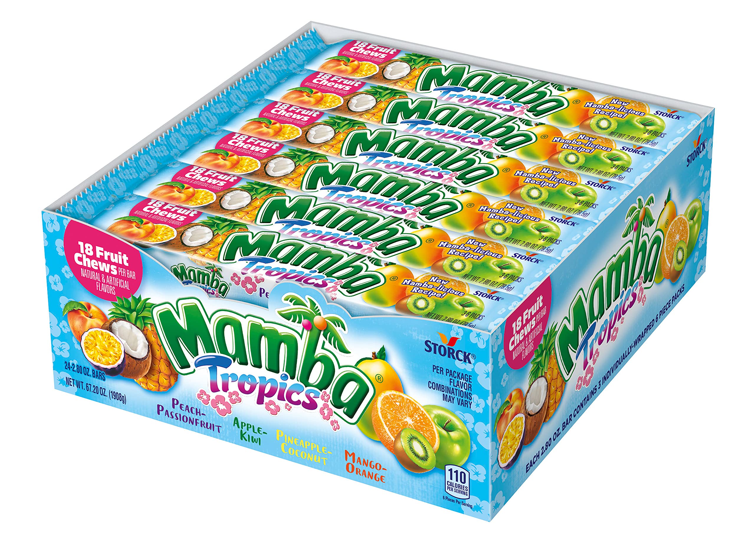 Mamba Tropics Fruit Chews Candy - Assorted Flavors, 18 Pieces per Pack (24 Packs) - Bulk Tropical Candy for Parties, Movie Nights & Office Snacks
