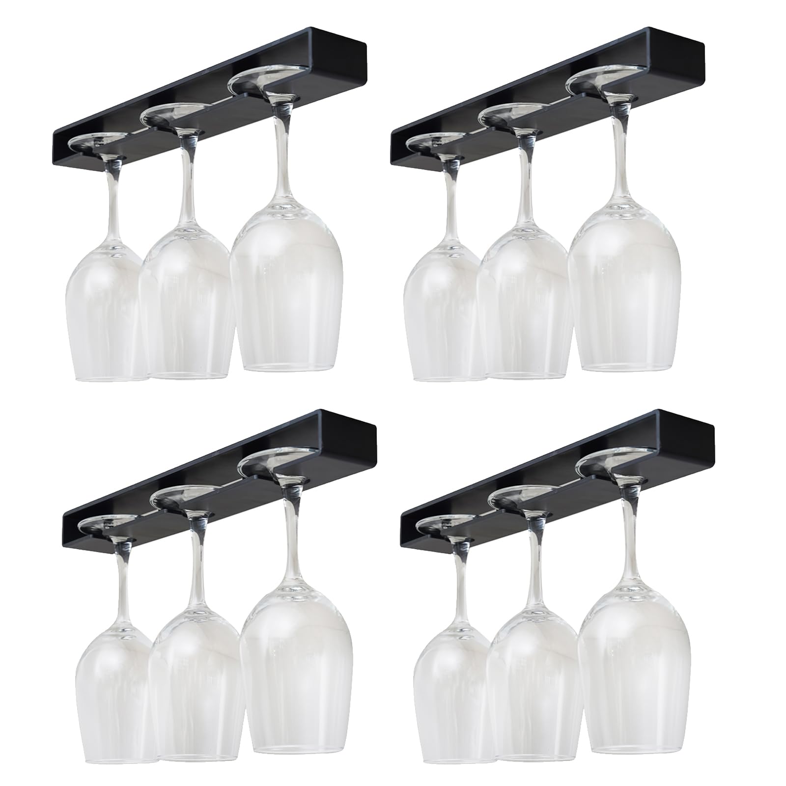 4-Pack No Drill Under Cabinet Wine Glass Holder - Stemware Rack Organizer for Kitchen & Bar Storage (Classic Black) | Space-Saving Hanging Solution for Wine Glasses, Cups & Stemware