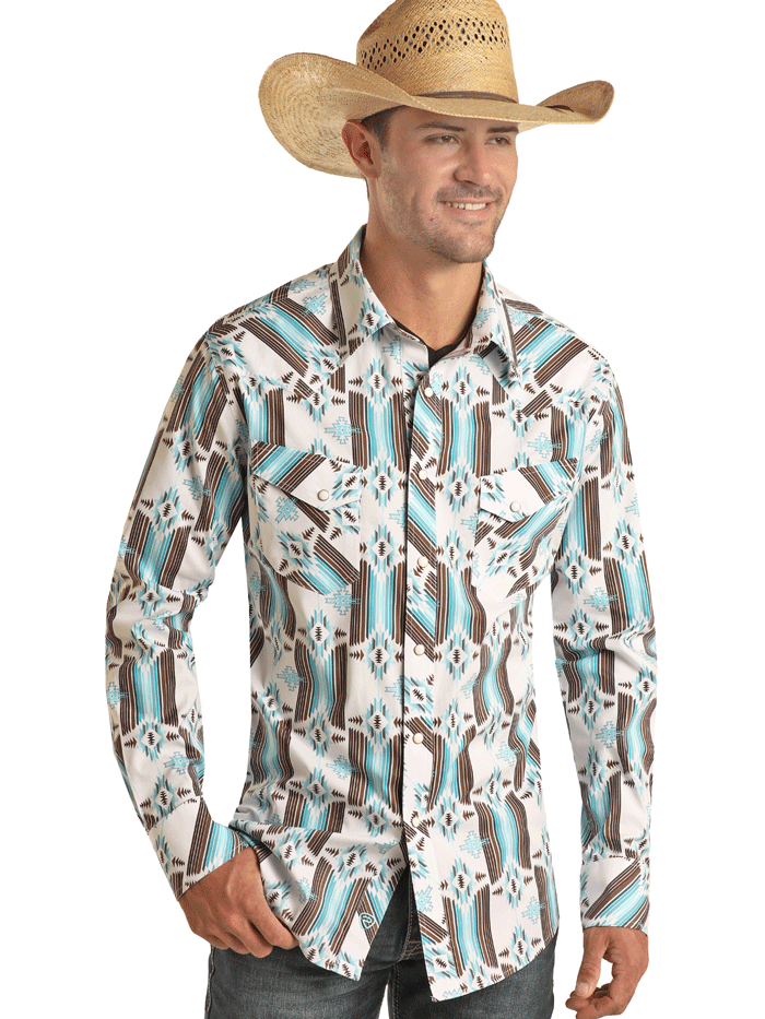 Rock & Roll Denim BMN2S03359 Men's Aztec Print Long Sleeve Snap Button Shirt Turquoise - Perfect for Casual Wear, Music Festivals & Western Style Outfits