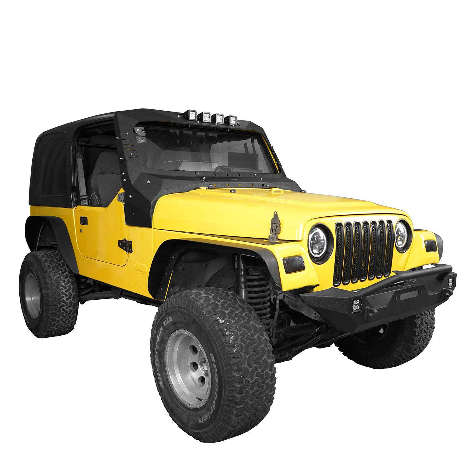 Hooke Road Jeep Wrangler TJ Windshield Frame Cover with LED Lights | Sun Visor & Cowl Body Armor | Fits 1997-2006 Models | Off-Road Protection & Style Upgrade
