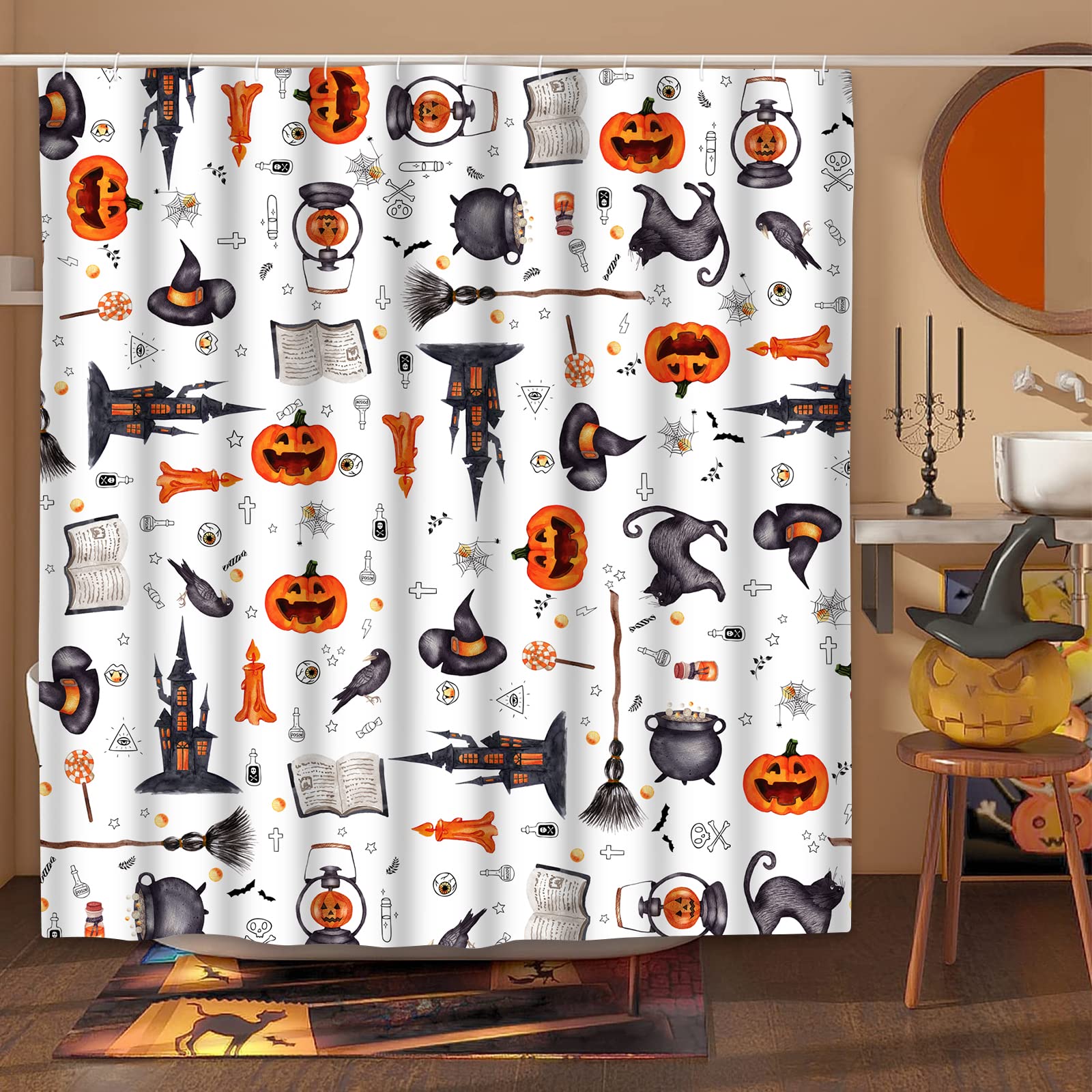 Halloween Pumpkin Shower Curtain with Black Cat Design - Cute Cartoon Witch & Spider Web Bathroom Decor - Includes 12 Hooks - Waterproof Fabric for Spooky Trick or Treat Bathroom Theme - Perfect for Halloween Party Decorations & Seasonal Home Decor
