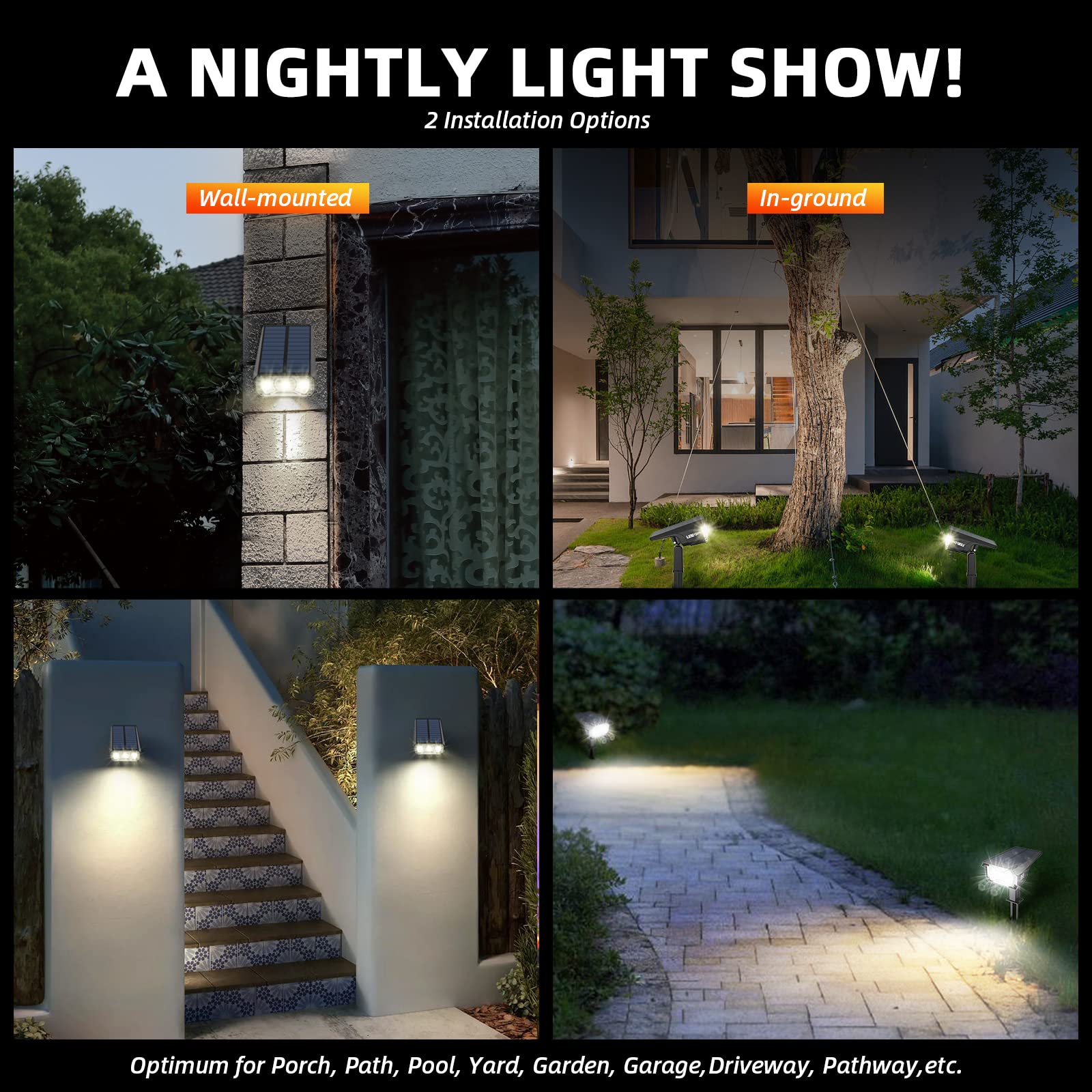 LEREKAM 40 LED Solar Spot Lights Outdoor Waterproof IP65, USB & Solar Powered Wall Lights with 3 Modes - Solar Landscape Spotlights for Garden, Yard, Porch, Pathway (4 Pack) - Perfect for Landscape Lighting, Patio Decor, and Driveway Illumination