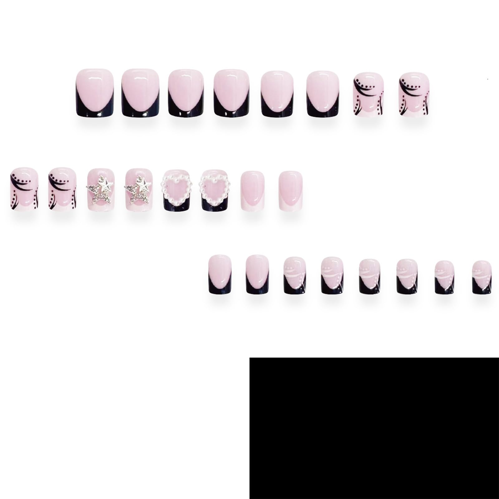 24Pcs Short Press on Nails Kit - Square Black & White French Tips with Heart Charms & Pearl Designs | Glossy Full Cover Gel Artificial Nails | Easy Glue On False Nails for Women & Girls | Perfect for Parties, Weddings & Daily Wear