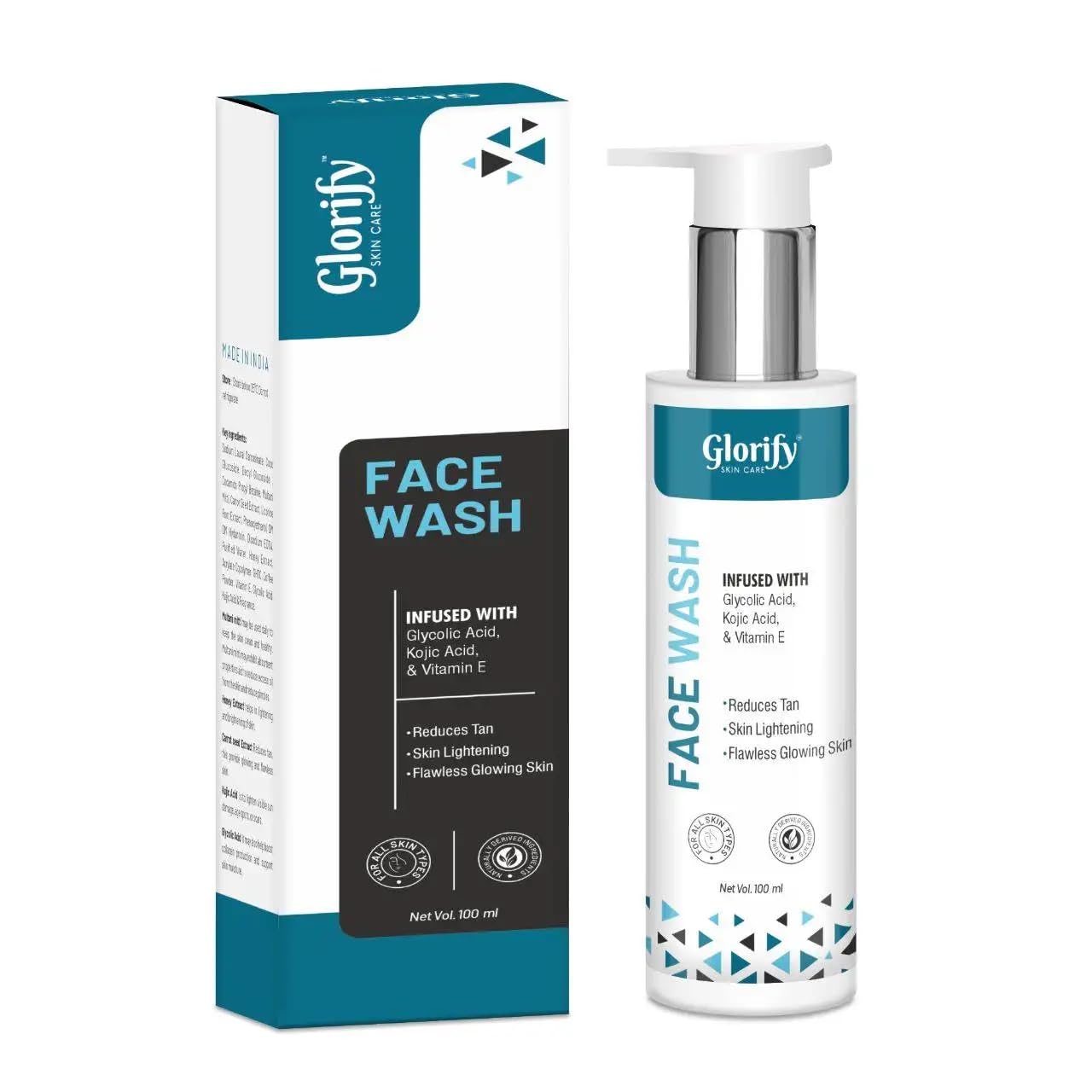 Glorify Vitamin E & Kojic Acid Face Wash - Natural Skin Brightening Cleanser for Dark Spot Removal & Tan Eraser - 100ml for Women & Men - Perfect for Daily Skincare & Post-Sun Care