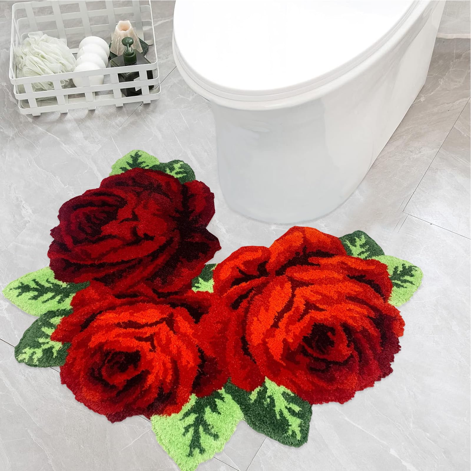 USTIDE Shaggy Bathroom Rug - Ultra Soft Plush U-Shaped Toilet Rug, Red Rose Water Absorbent Non-Slip Bath Mat for Vanity & Shower - Machine Washable 31x24 Inches - Perfect for Christmas Decor & Cozy Bathroom Accent