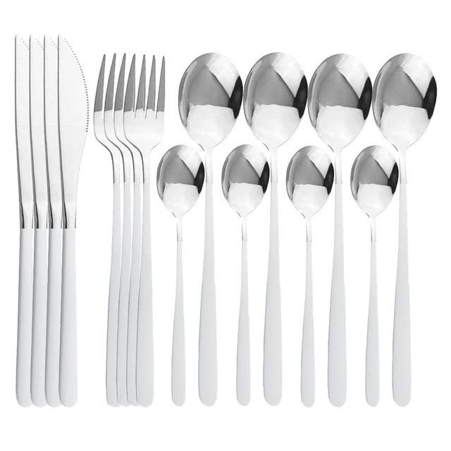 Premium 16-Piece Stainless Steel Flatware Set - 304 Grade Silverware Cutlery Set with Knives, Forks & Spoons - Elegant White Silver Finish for Formal Dining, Wedding Gifts & Everyday Kitchen Tableware