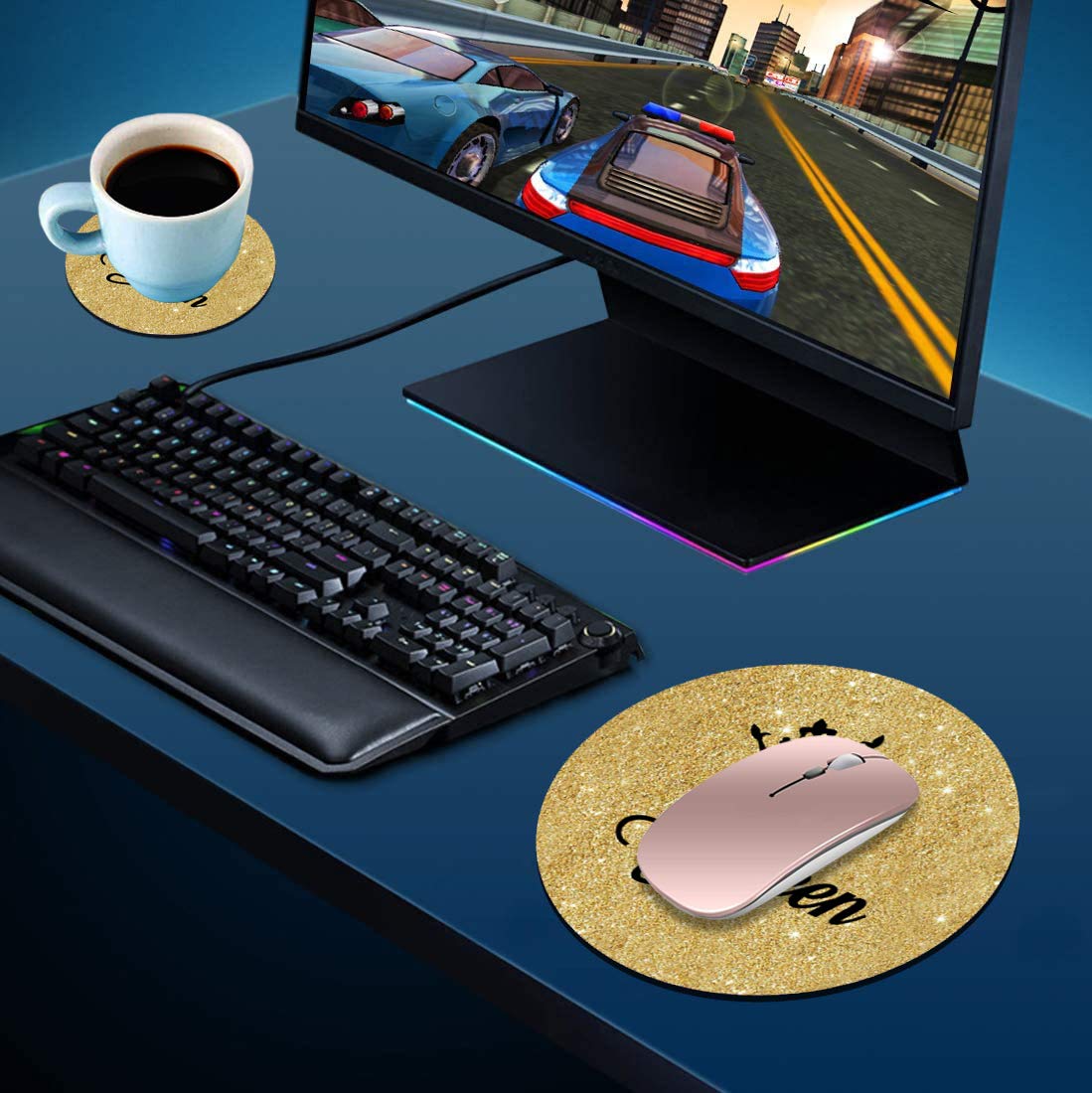 Gold Glitter Crown Queen Design Round Mouse Pad with Coasters Set - Non-Slip Rubber Base for Laptop & Computer - Perfect for Office, Gaming & Home Workspace Accessories
