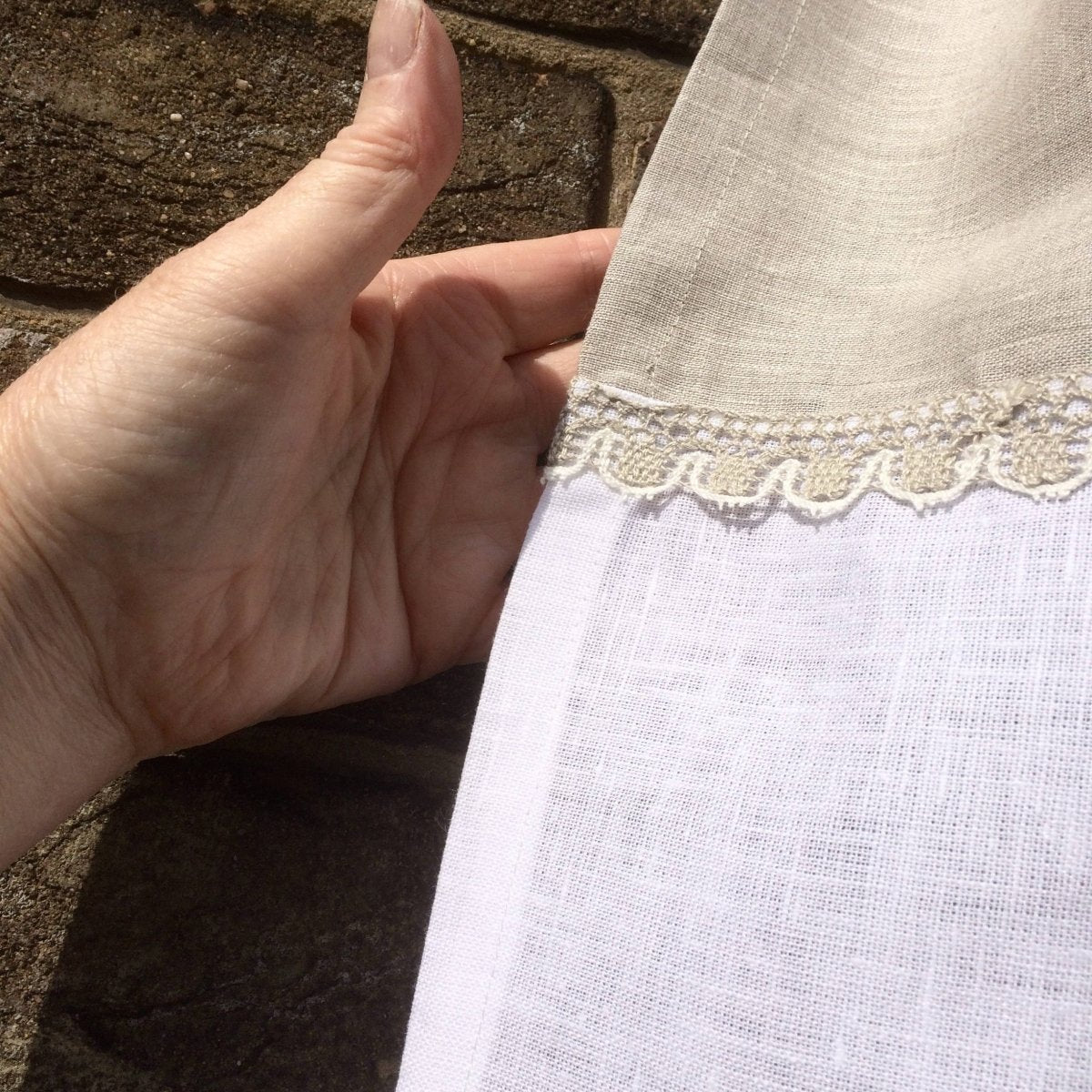 Lymm French Monogram Linen Lace Cafe Curtains - Elegant Kitchen Window Treatments for French Country & Farmhouse Decor